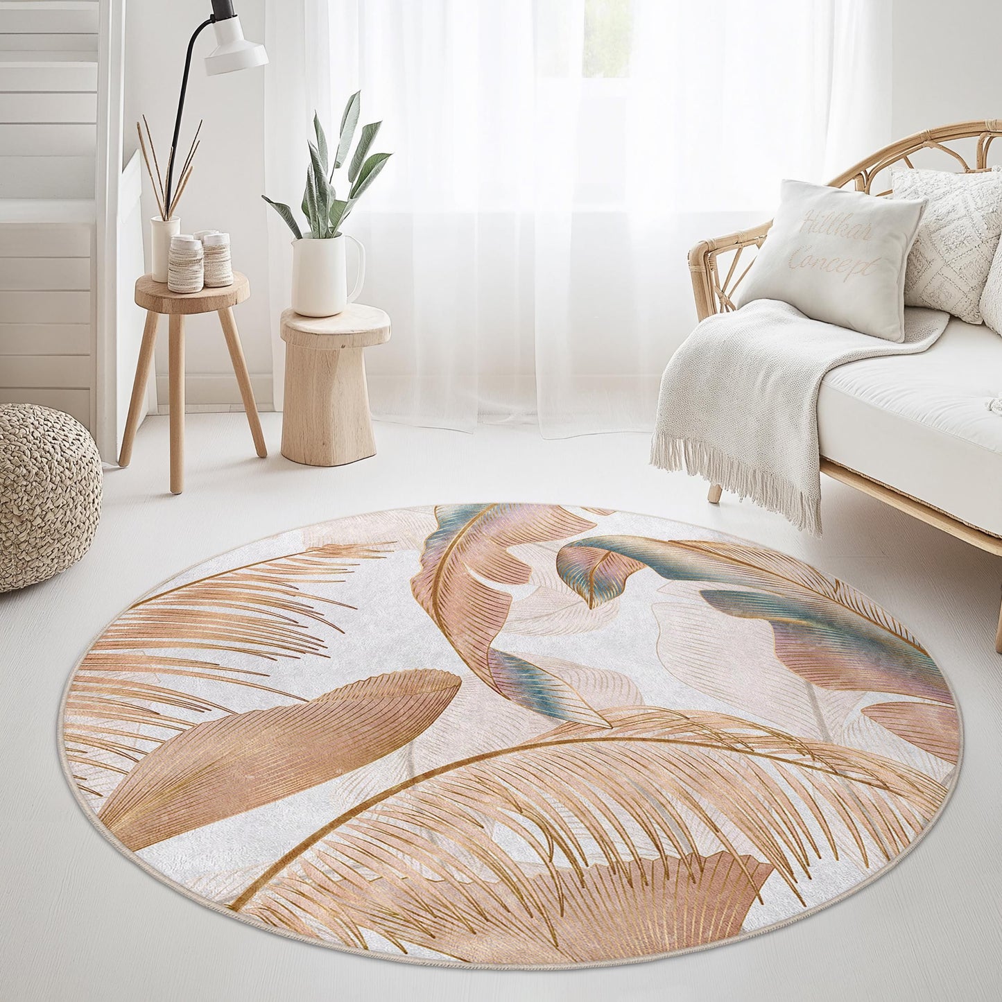 Elegant Tropical Leaf Round Area Rug | Soft Cotton Floor Mat | Stylish Boho Home Decor | Washable Indoor Round Carpet