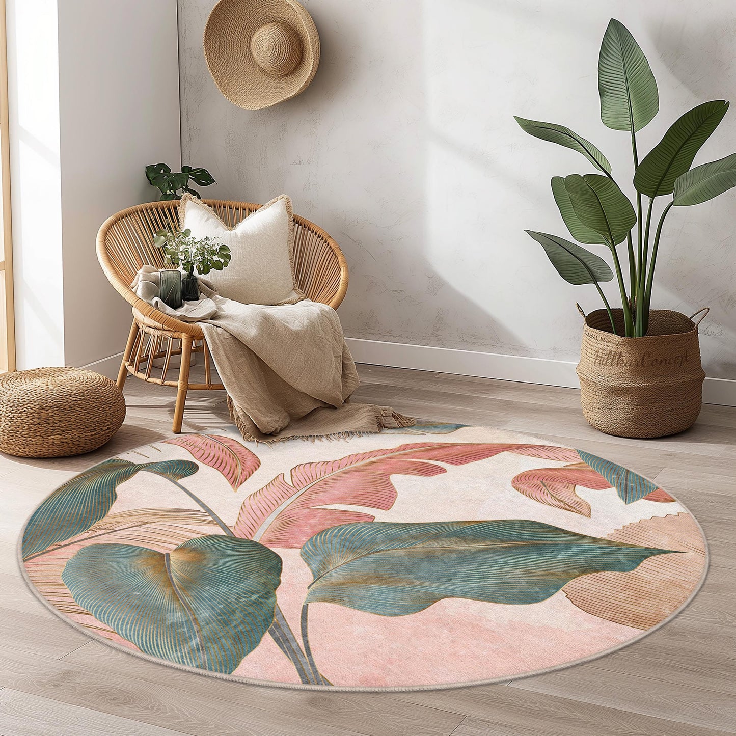 Botanical Round Area Rug | Tropical Leaf Design Carpet | Soft Floral Home Decor | Washable Circle Rug for Living Room