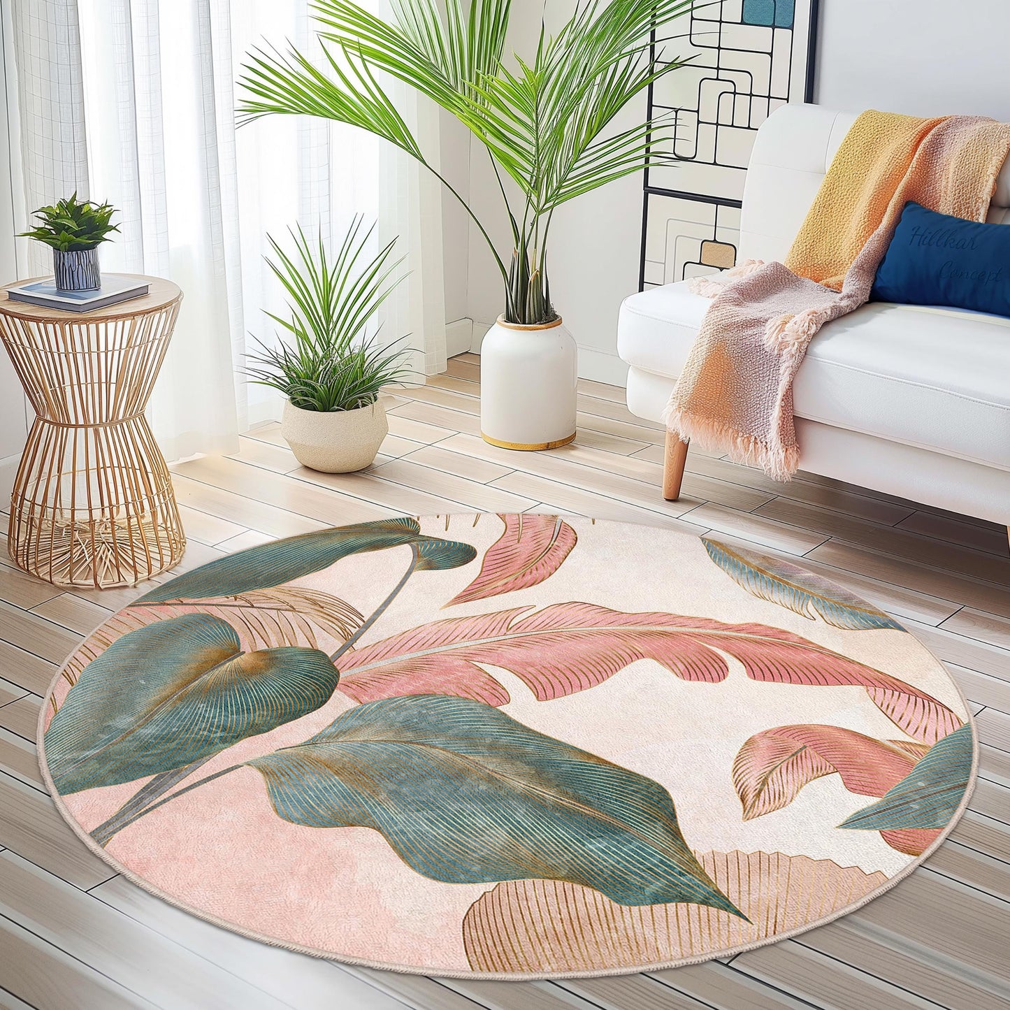 Botanical Round Area Rug | Tropical Leaf Design Carpet | Soft Floral Home Decor | Washable Circle Rug for Living Room