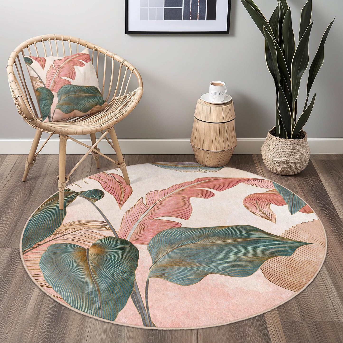 Botanical Round Area Rug | Tropical Leaf Design Carpet | Soft Floral Home Decor | Washable Circle Rug for Living Room