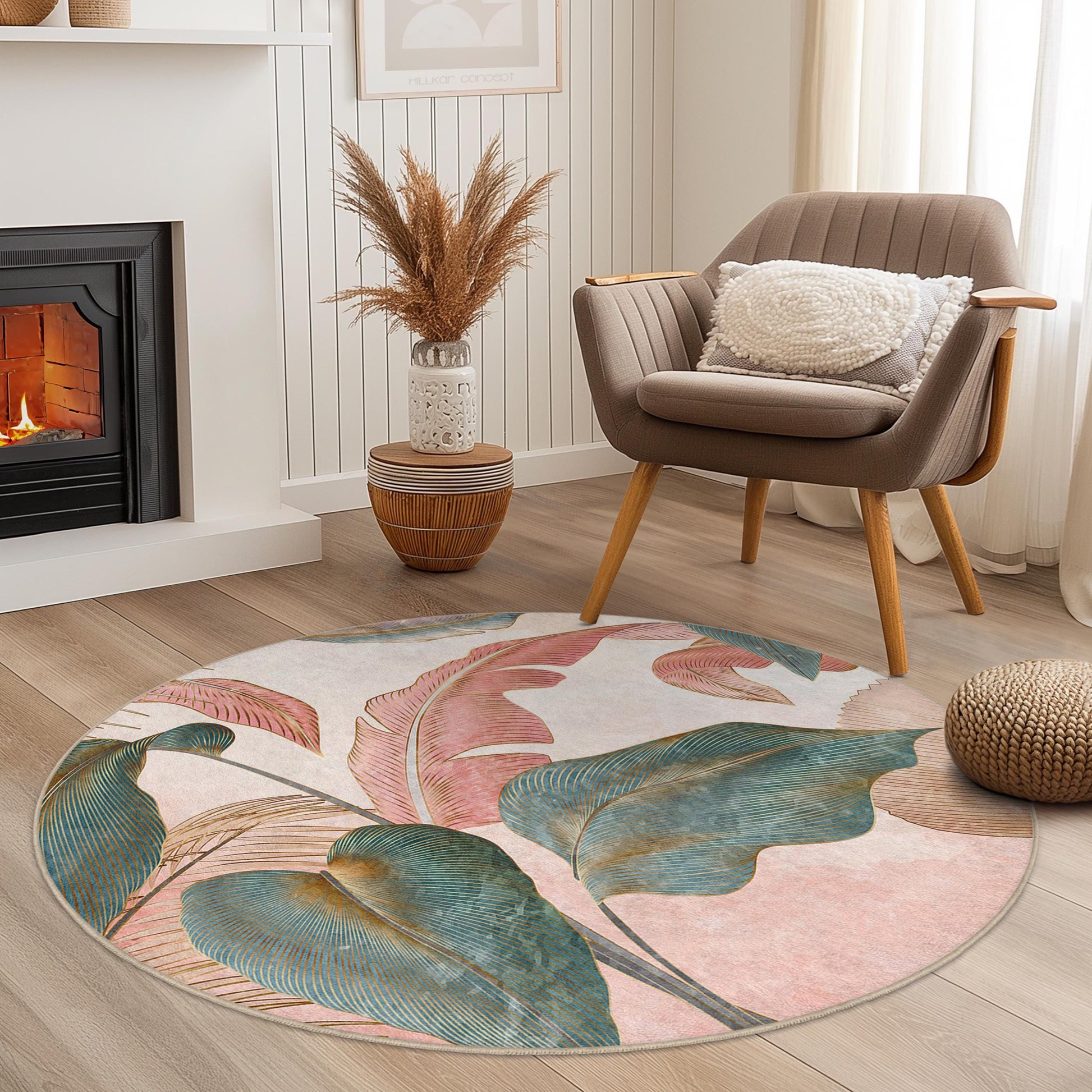 Botanical Round Area Rug | Tropical Leaf Design Carpet | Soft Floral Home Decor | Washable Circle Rug for Living Room