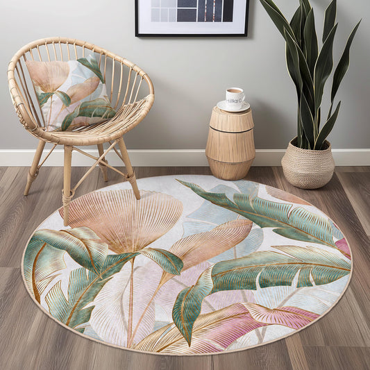 Elegant Floral Round Area Rug | Soft Cotton Living Room Mat | Boho Chic Home Decor | Vintage Leaf Design Carpet