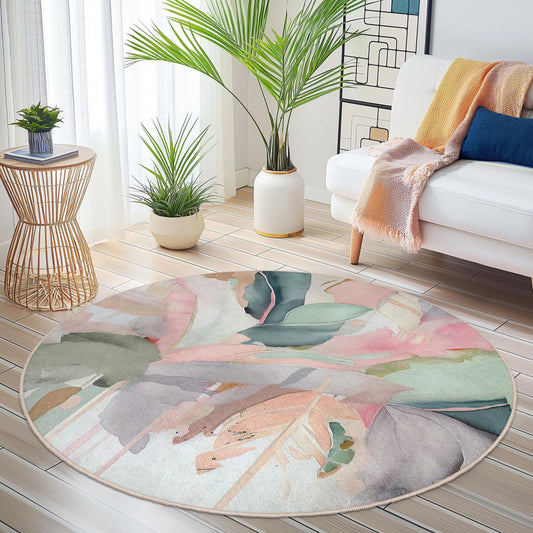 Floral Watercolor Round Area Rug | Soft Pastel Leaf Design Carpet | Boho Chic Decor for Living Room | Non-Slip Washable Accent Rug