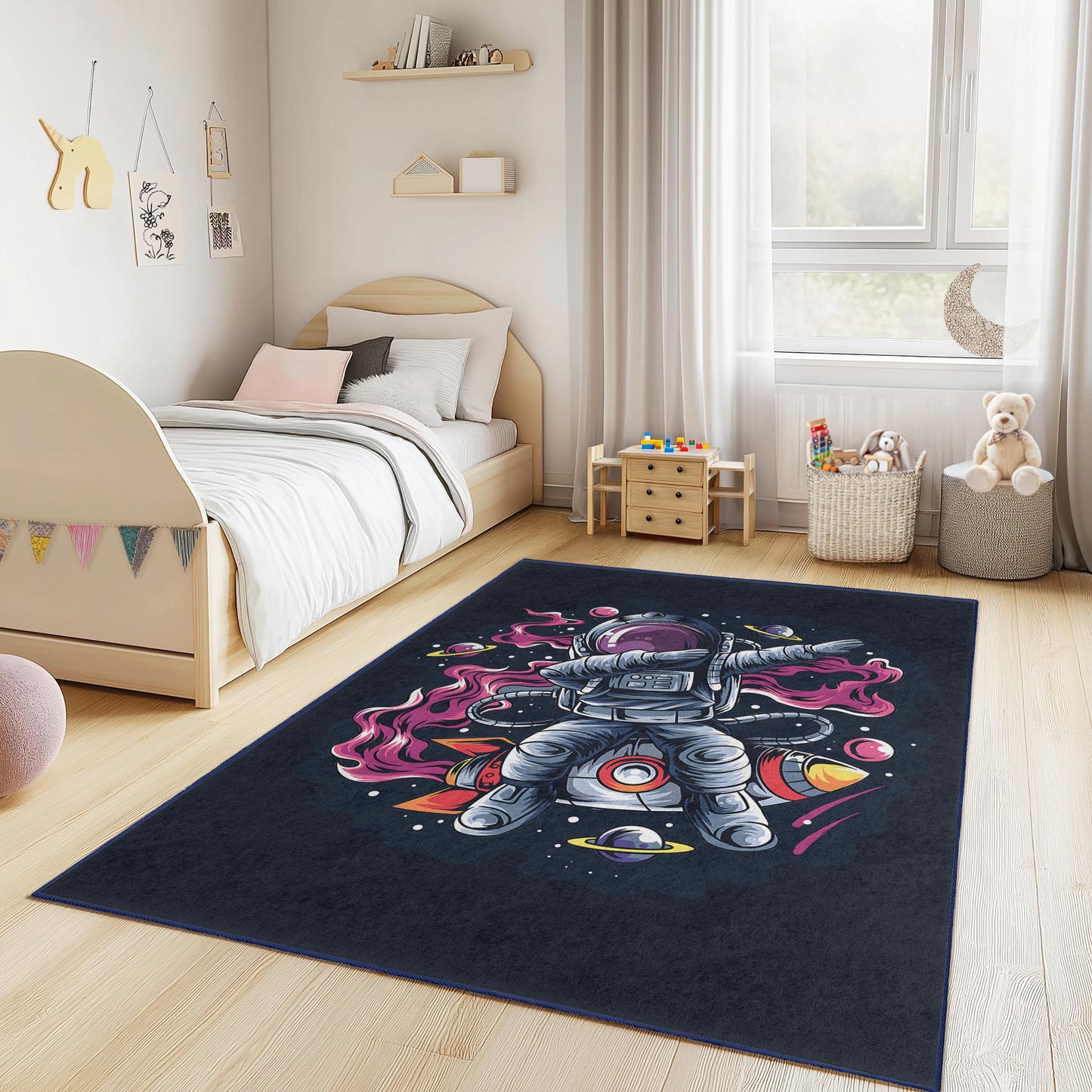 Space Adventure Astronaut Kids Rug, Outer Space Play Mat, Galaxy Themed Rug for Kids Room, Unique Toddler Carpet, Educational Play Rug
