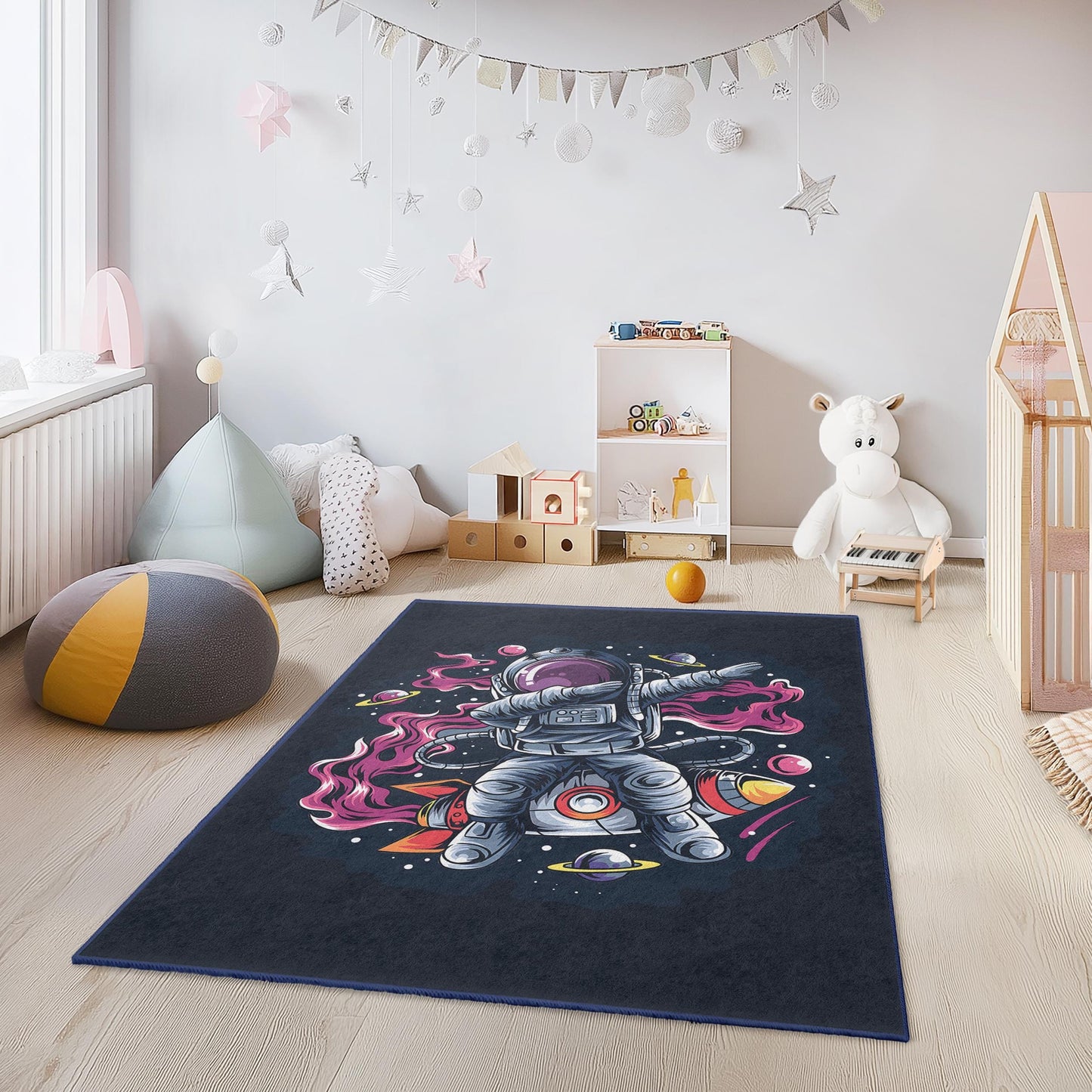 Space Adventure Astronaut Kids Rug, Outer Space Play Mat, Galaxy Themed Rug for Kids Room, Unique Toddler Carpet, Educational Play Rug