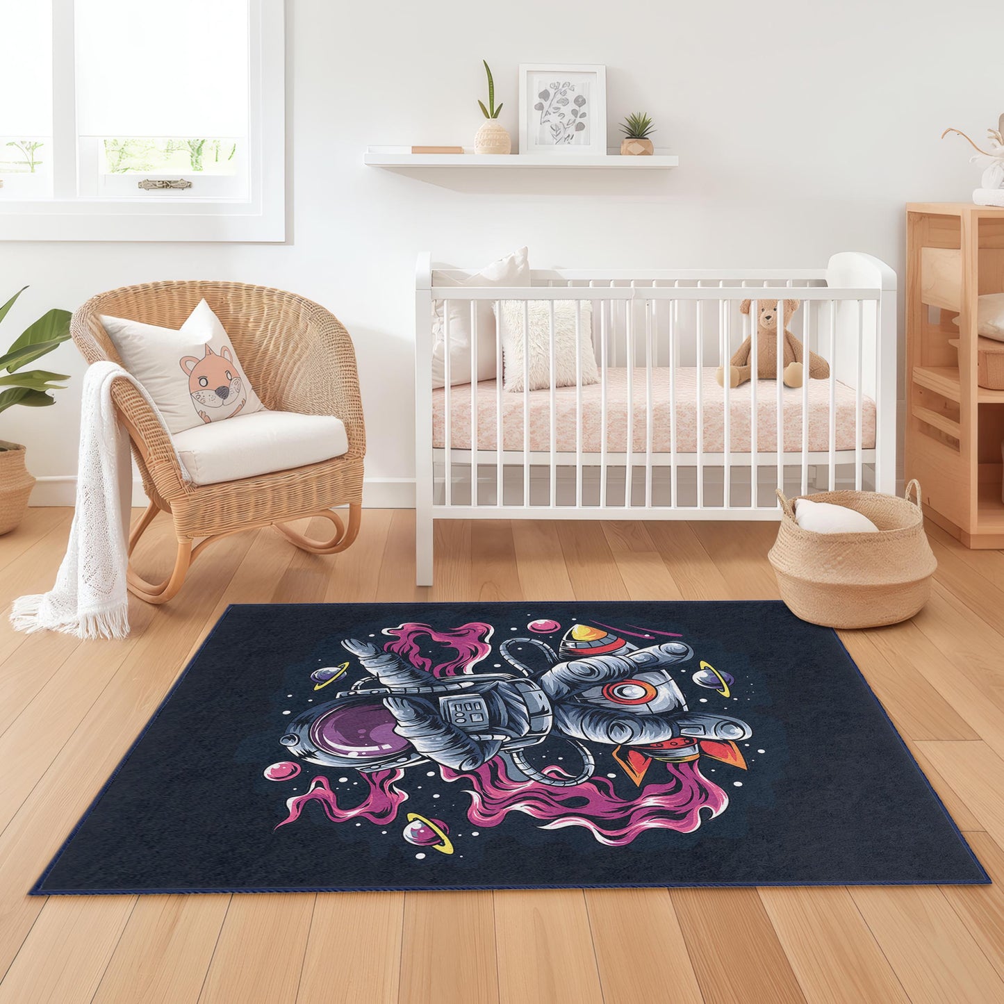 Space Adventure Astronaut Kids Rug, Outer Space Play Mat, Galaxy Themed Rug for Kids Room, Unique Toddler Carpet, Educational Play Rug