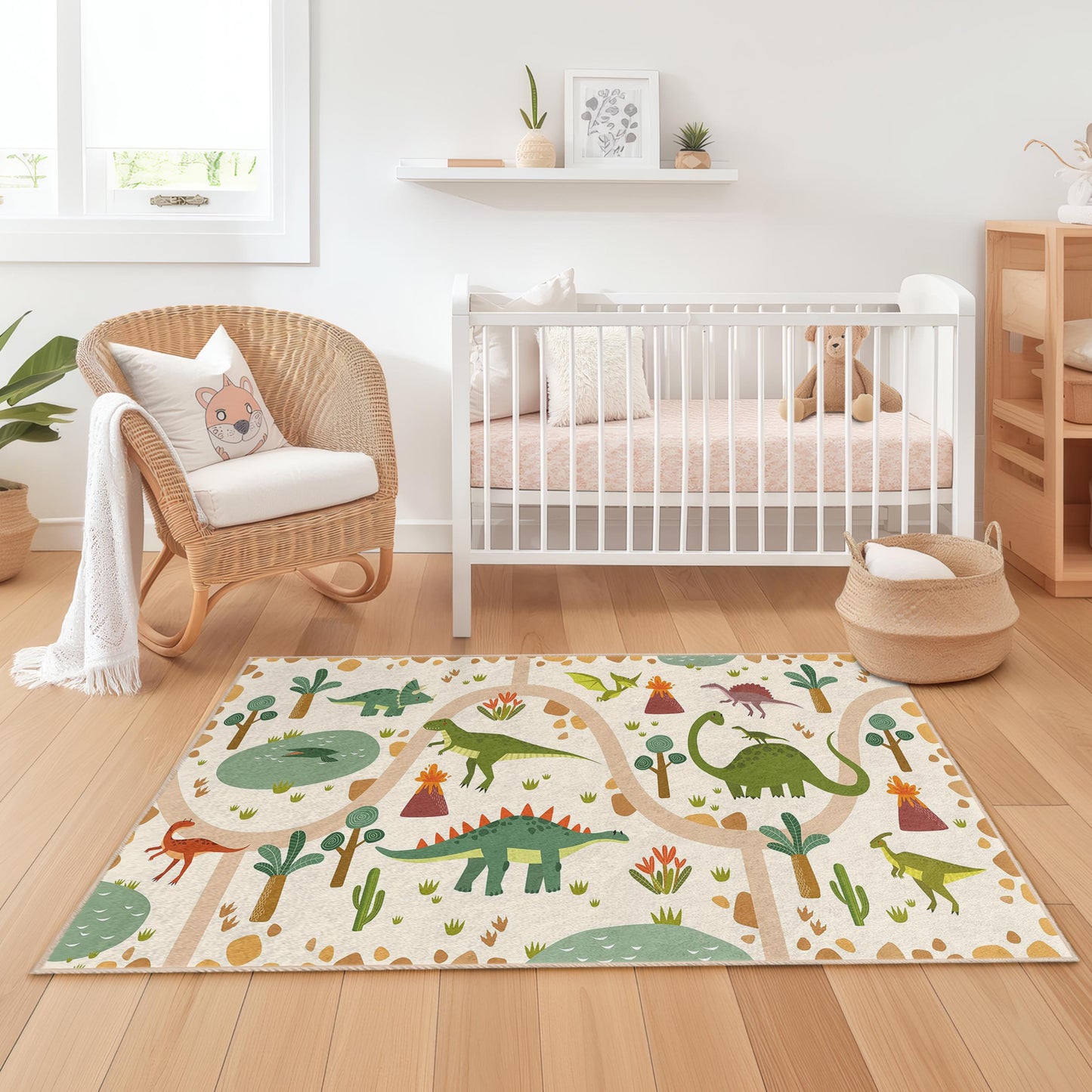 Dinosaur Adventure Kids Rug, Interactive Play Mat for Children's Room, Soft Rectangular Carpet, Playroom Decor, Nursery Rug