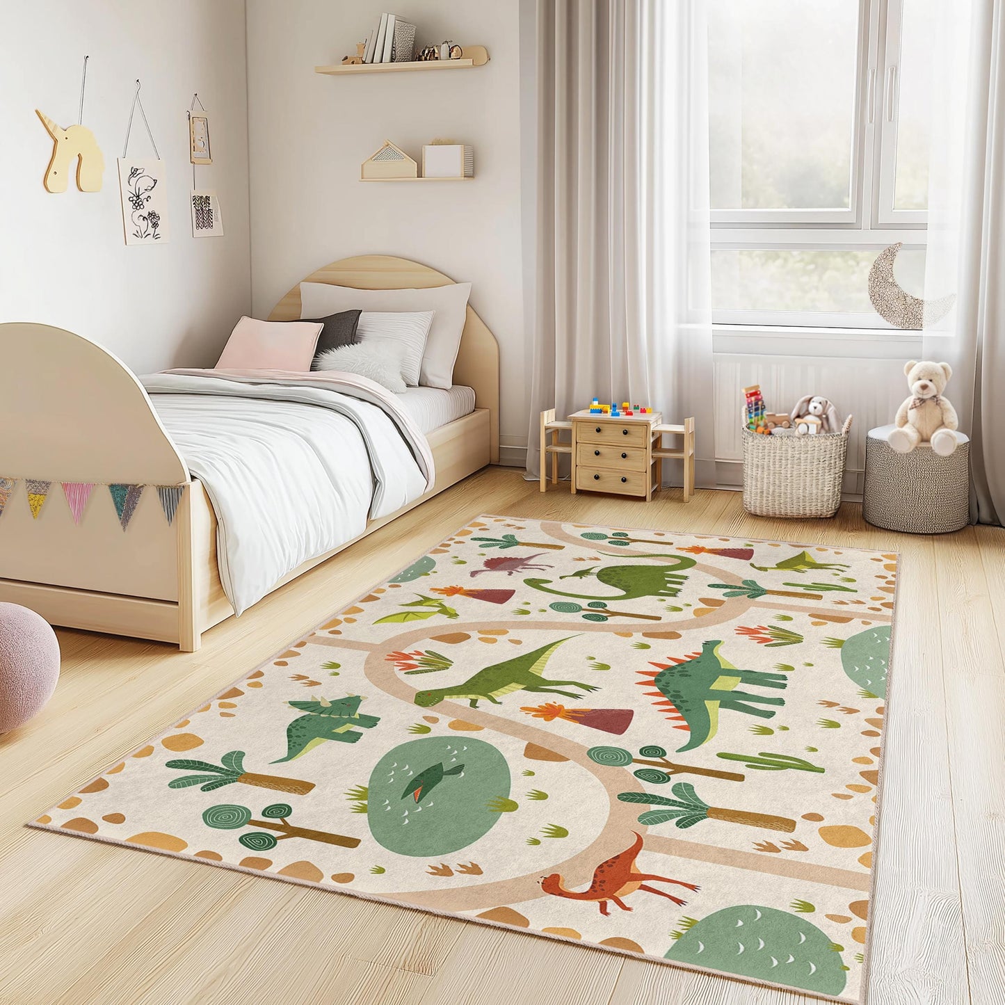 Dinosaur Adventure Kids Rug, Interactive Play Mat for Children's Room, Soft Rectangular Carpet, Playroom Decor, Nursery Rug
