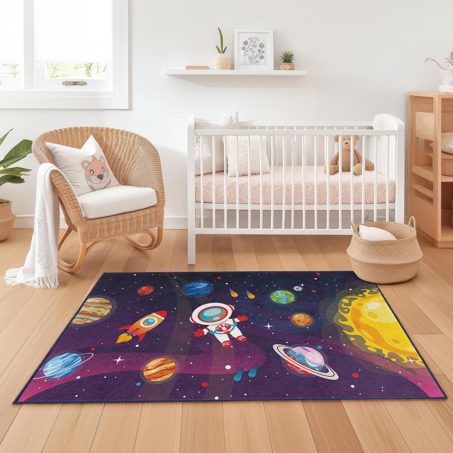 Astronaut and Planets Design, Space Adventure Kids Play Rug, Rectangle Childrens Rug, Cosmic Play Mat for Kids Room, Bedroom Decor