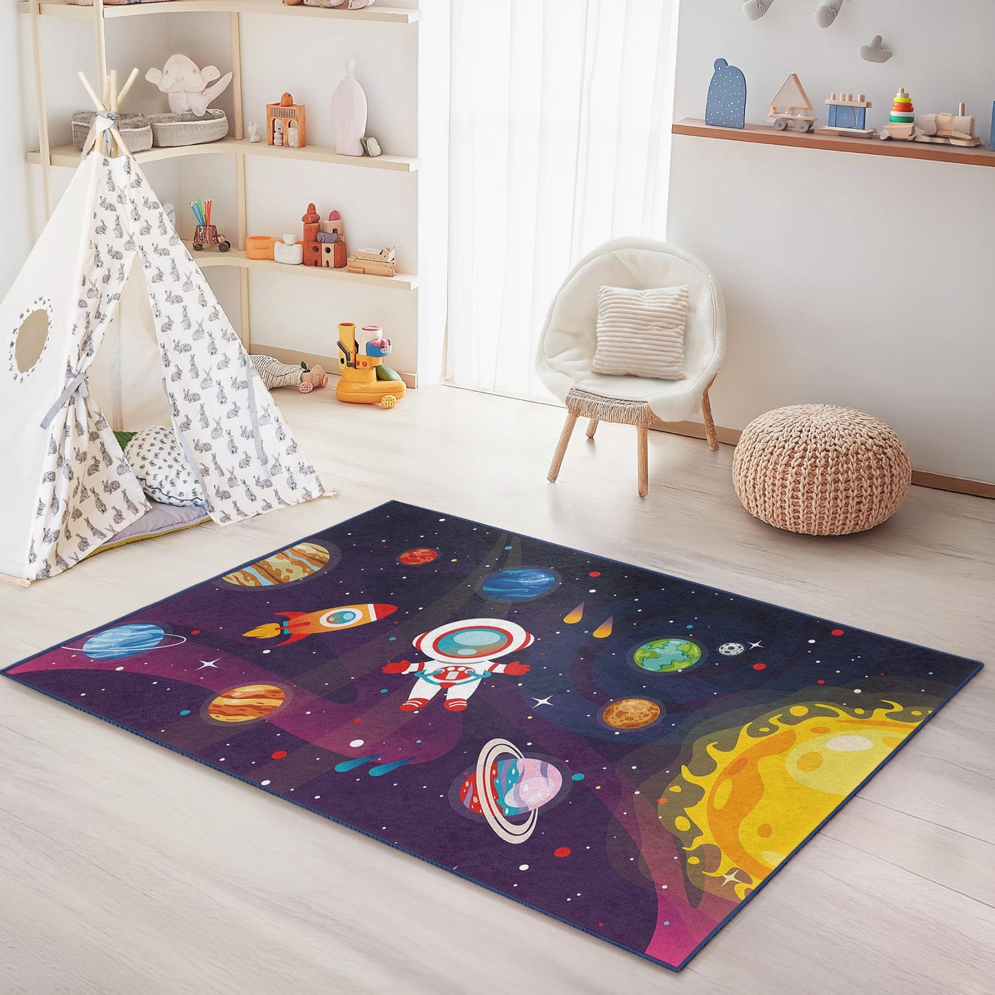 Astronaut and Planets Design, Space Adventure Kids Play Rug, Rectangle Childrens Rug, Cosmic Play Mat for Kids Room, Bedroom Decor