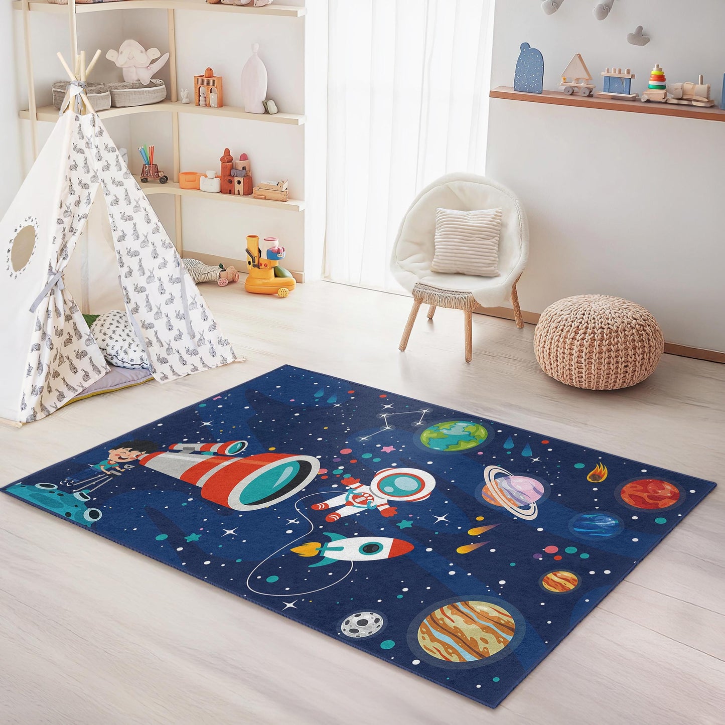Space Adventure Kids Play Rug, Astronaut and Planet Themed Carpet, Rectangular Playroom Rug for Children, Cosmic Nursery Decor