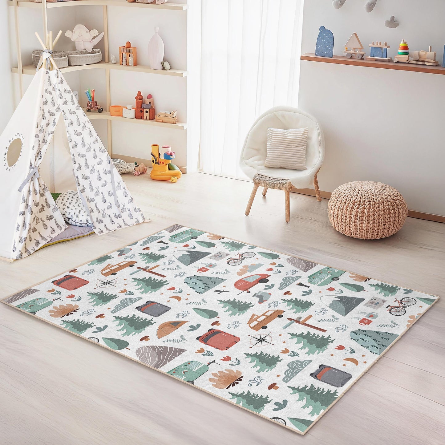Camping Theme Rectangle Rug, Adventure Awaits Kids Rug, Nature Inspired Play Mat for Children, Outdoor Fun Decor for Kids Room