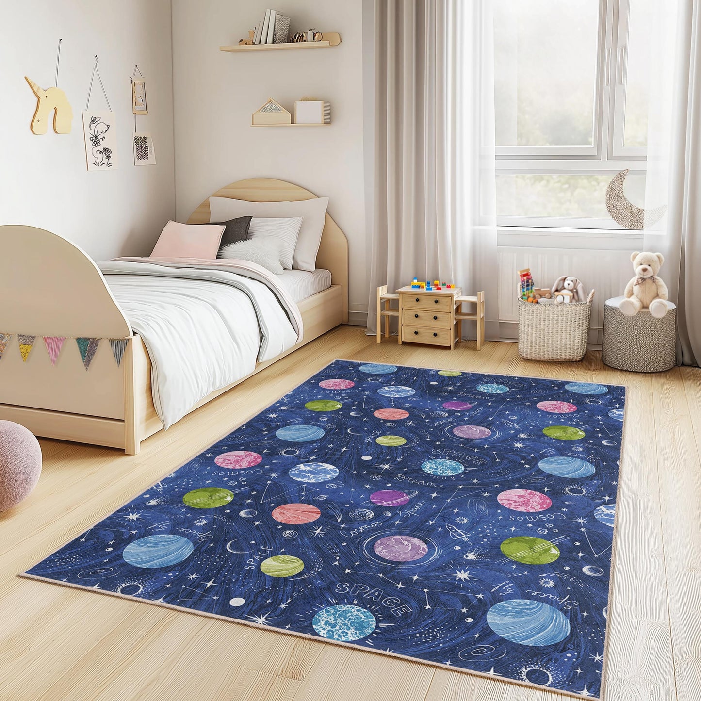 Cosmic Dreams Play Rug for Kids, Space-Themed Kids Area Rug, Rectangular Play Mat for Children's Room, Astronaut Decor