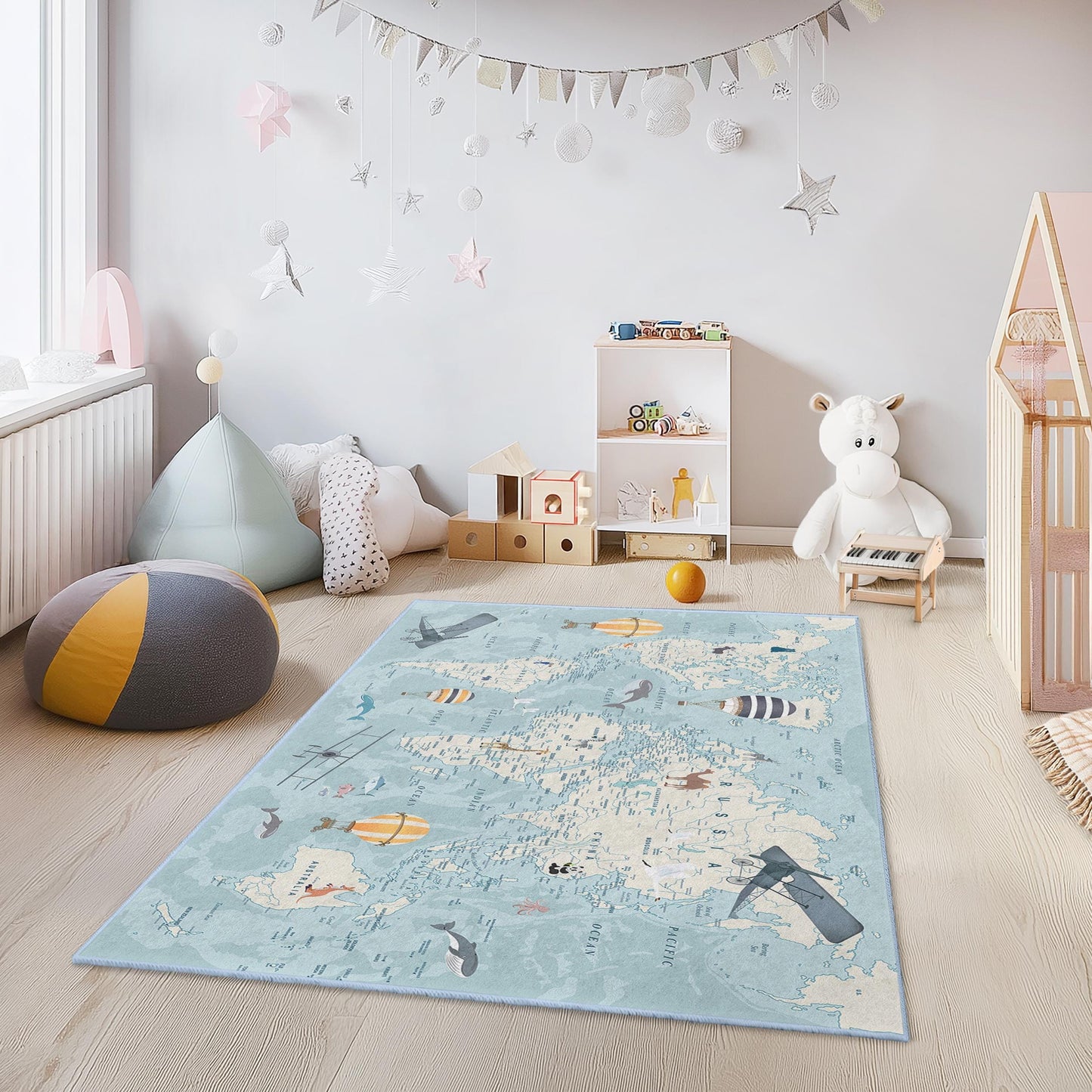 World Map Adventure Kids Rug, Hot Air Balloon Play Mat, Educational Kids Carpet, Rectangular Nursery Rug, Kids Room Decor