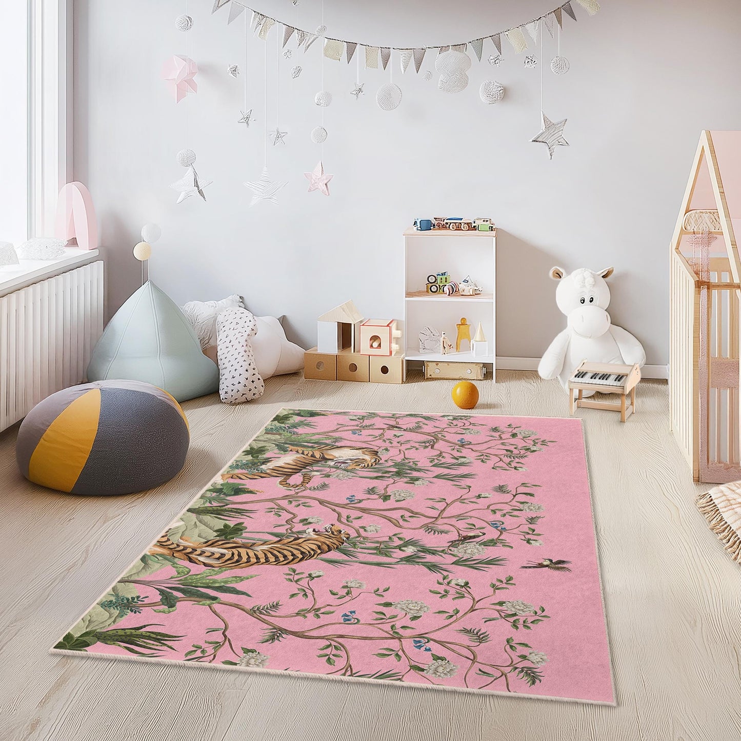 Vibrant Tiger and Floral Kids Rug, Rectangle Play Mat for Children's Room, Jungle Theme Nursery Decor, Soft and Cozy Carpet