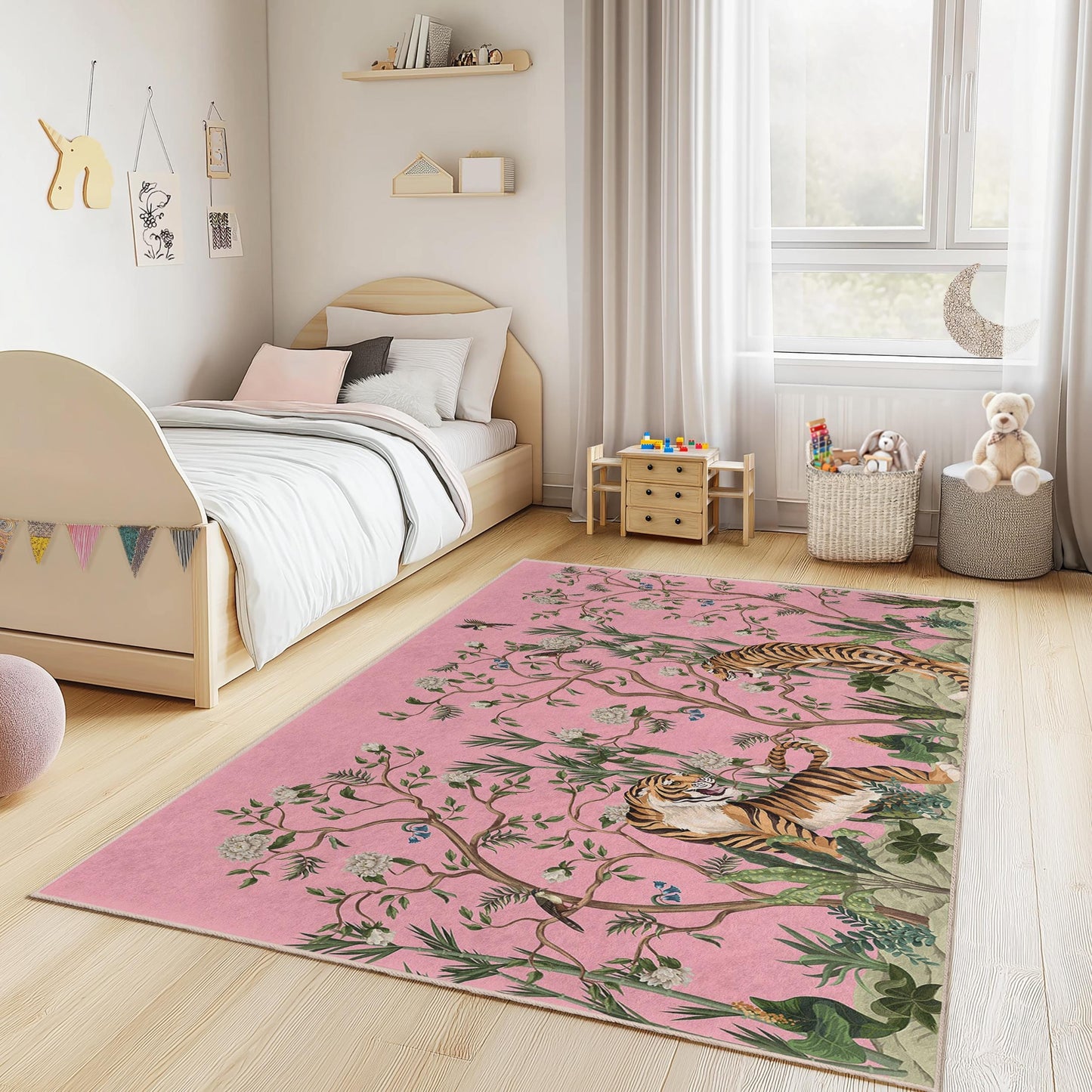 Vibrant Tiger and Floral Kids Rug, Rectangle Play Mat for Children's Room, Jungle Theme Nursery Decor, Soft and Cozy Carpet