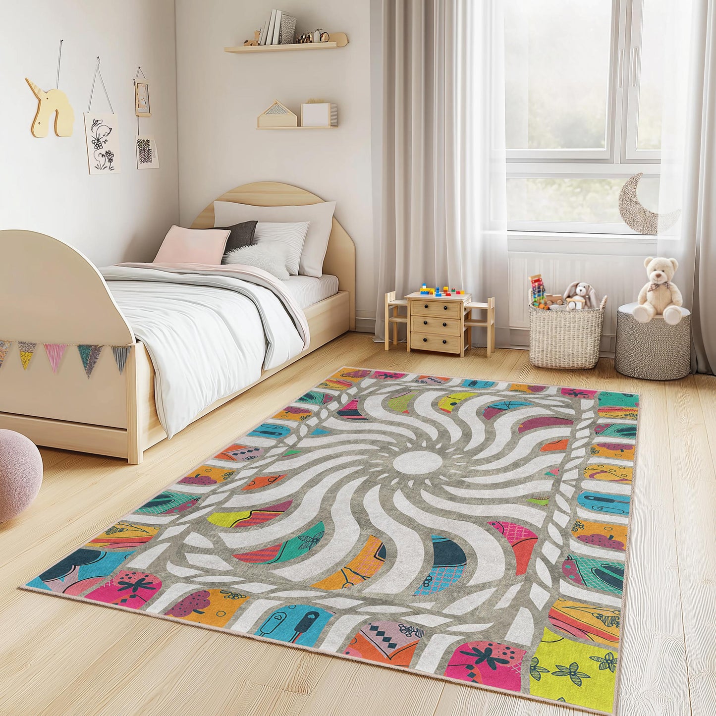 Colorful Sunburst Pattern Kids Rug, Rectangular Playroom Carpet, Vibrant Nursery Rug, Fun Childrens Room Decor, Soft Play Mat