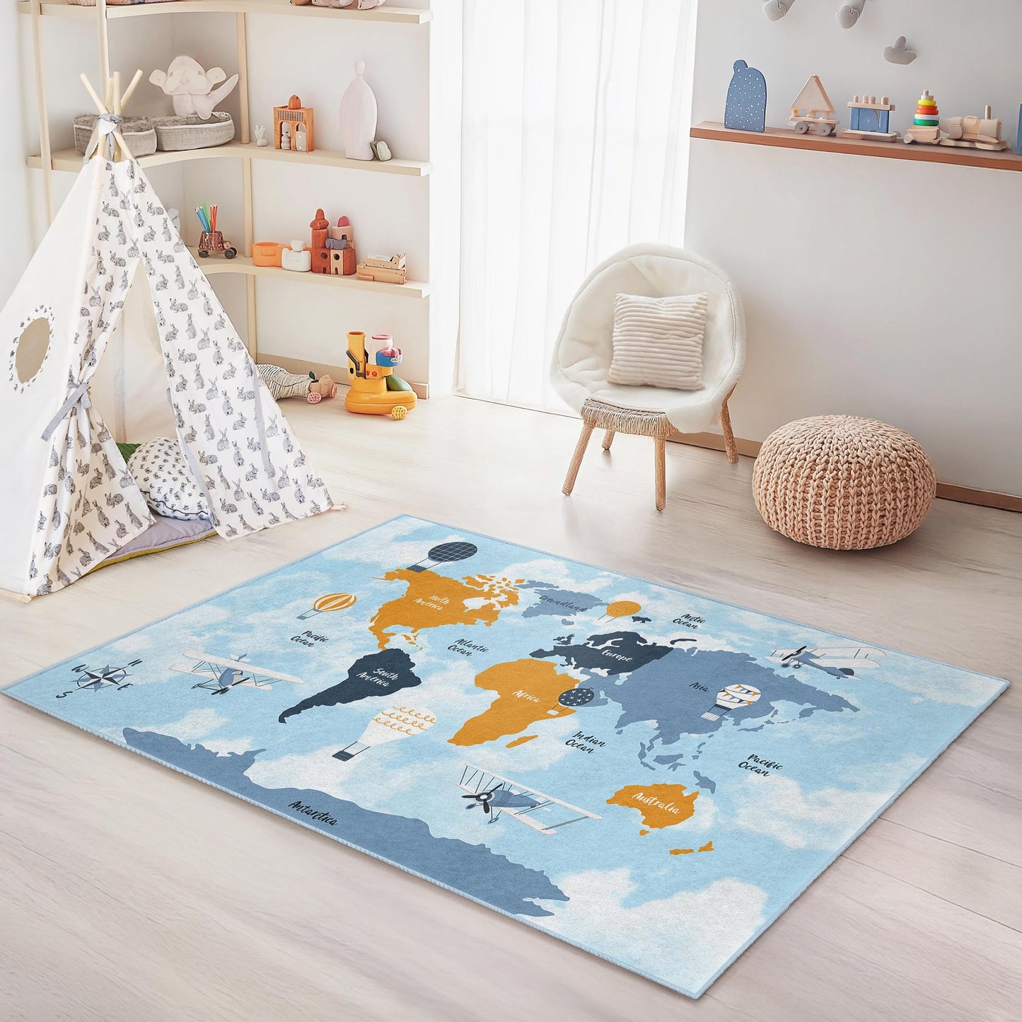 Adventure Map Kids Rug, Travel-Themed Rectangle Rug, World Map Play Mat, Educational Kids Carpet, Soft Nursery Decor