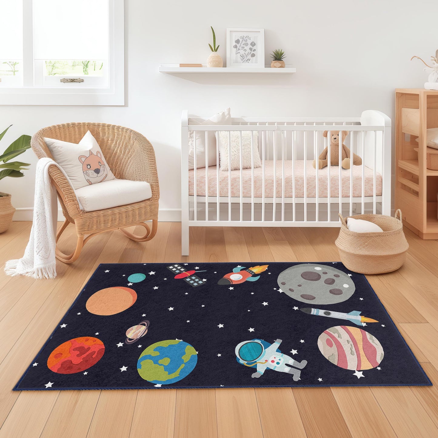 Outer Space Adventure Kids Rug, Rocket Ship and Planet Play Mat, Rectangle Kids Room Carpet, Astronaut Rug for Playroom Decor