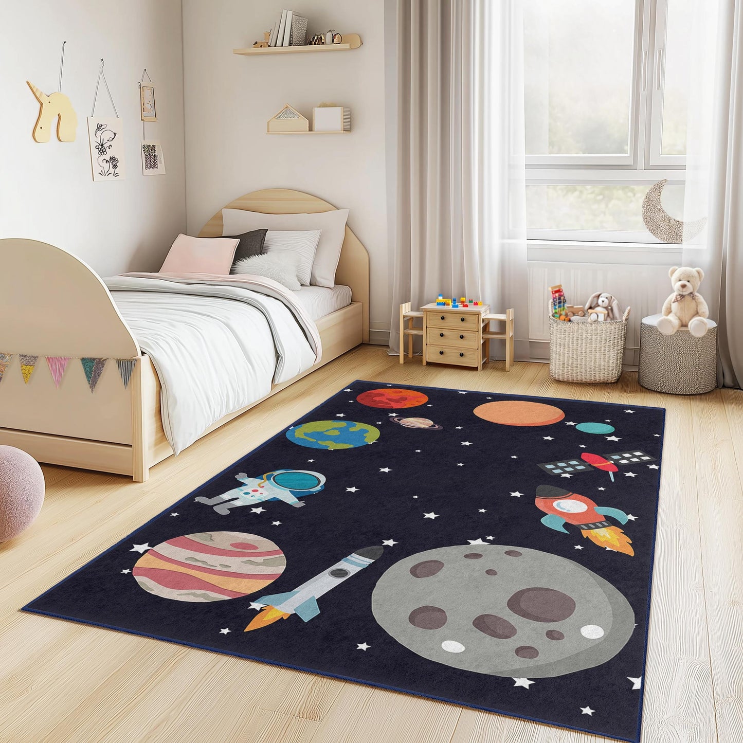 Outer Space Adventure Kids Rug, Rocket Ship and Planet Play Mat, Rectangle Kids Room Carpet, Astronaut Rug for Playroom Decor