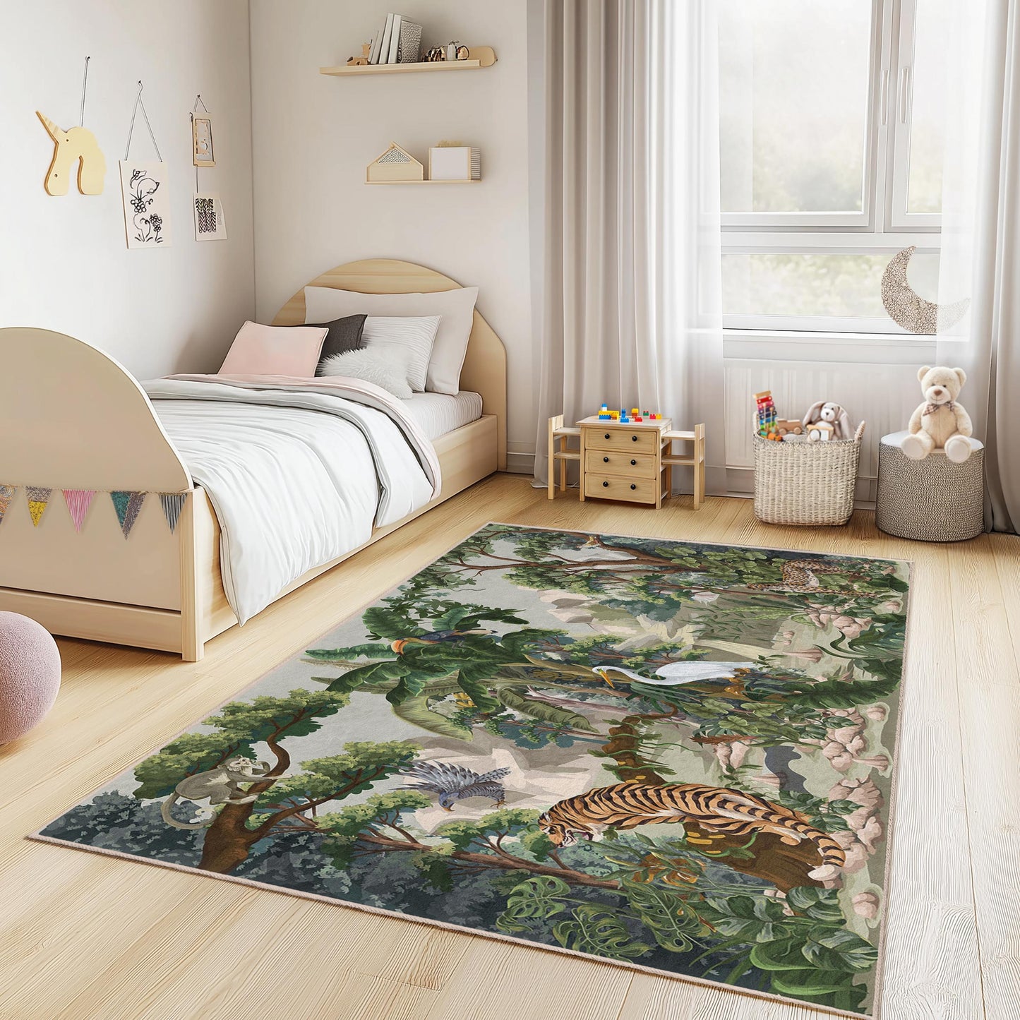 Jungle Adventure Rectangular Kids Rug, Animal Print Playmat, Safari Themed Nursery Rug, Jungle Decor for Childrens Room