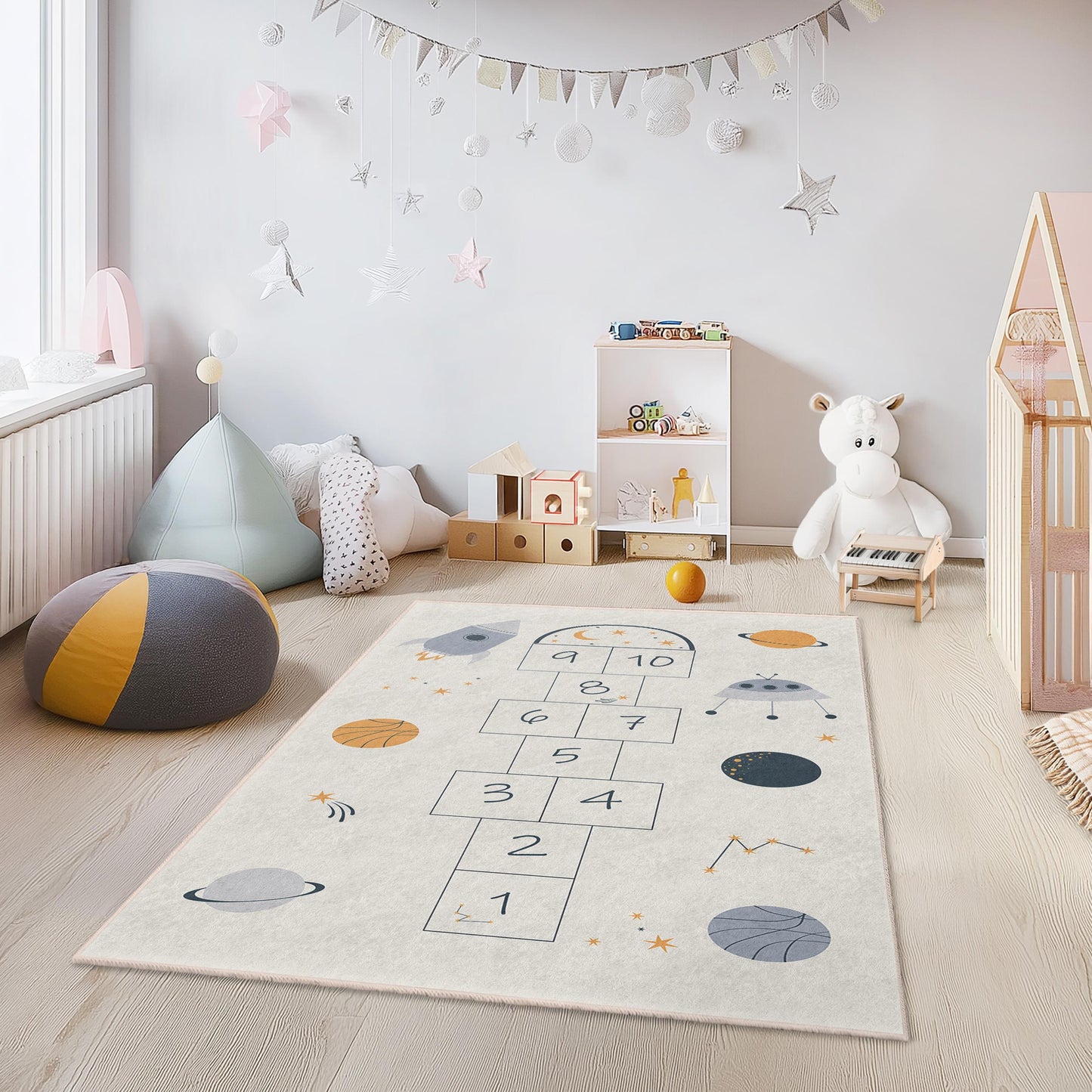 Space Hopscotch Rug: Galaxy Kids Play Mat, Nursery Decor