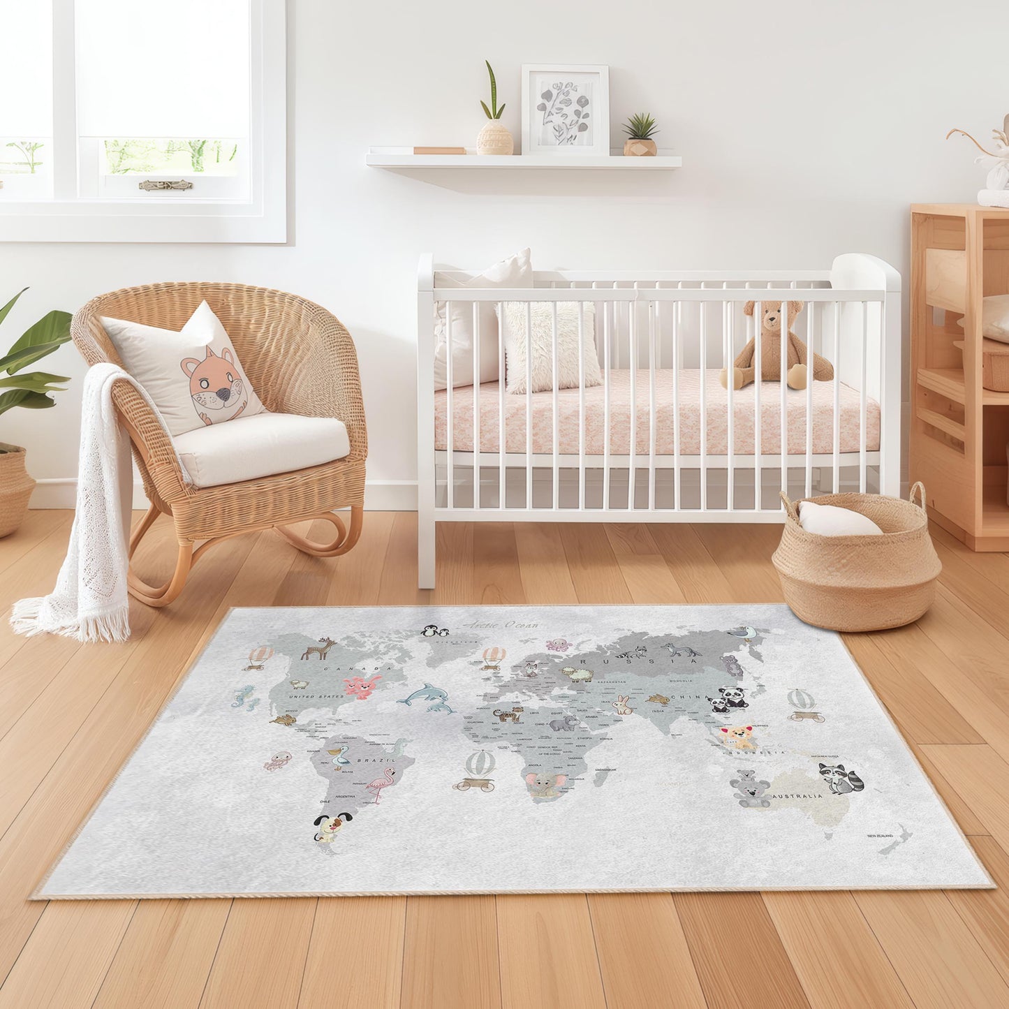 Animal World Map Kids Rug, Soft Rectangular Play Mat for Children's Room, Nursery Decor, Educational Area Rug, Animal Theme Carpet