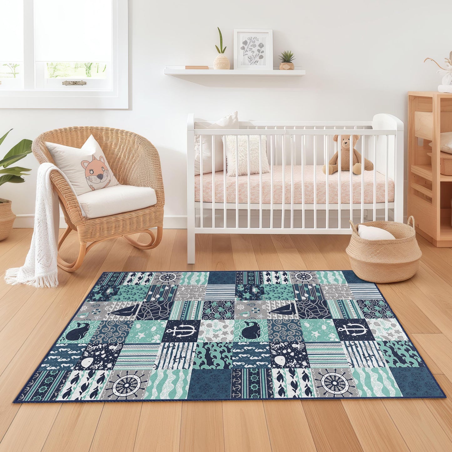 Nautical Themed Rectangle Kids Rug, Ocean Adventure Play Rug, Whale & Sailboat Carpet, Sea Life Nursery Decor