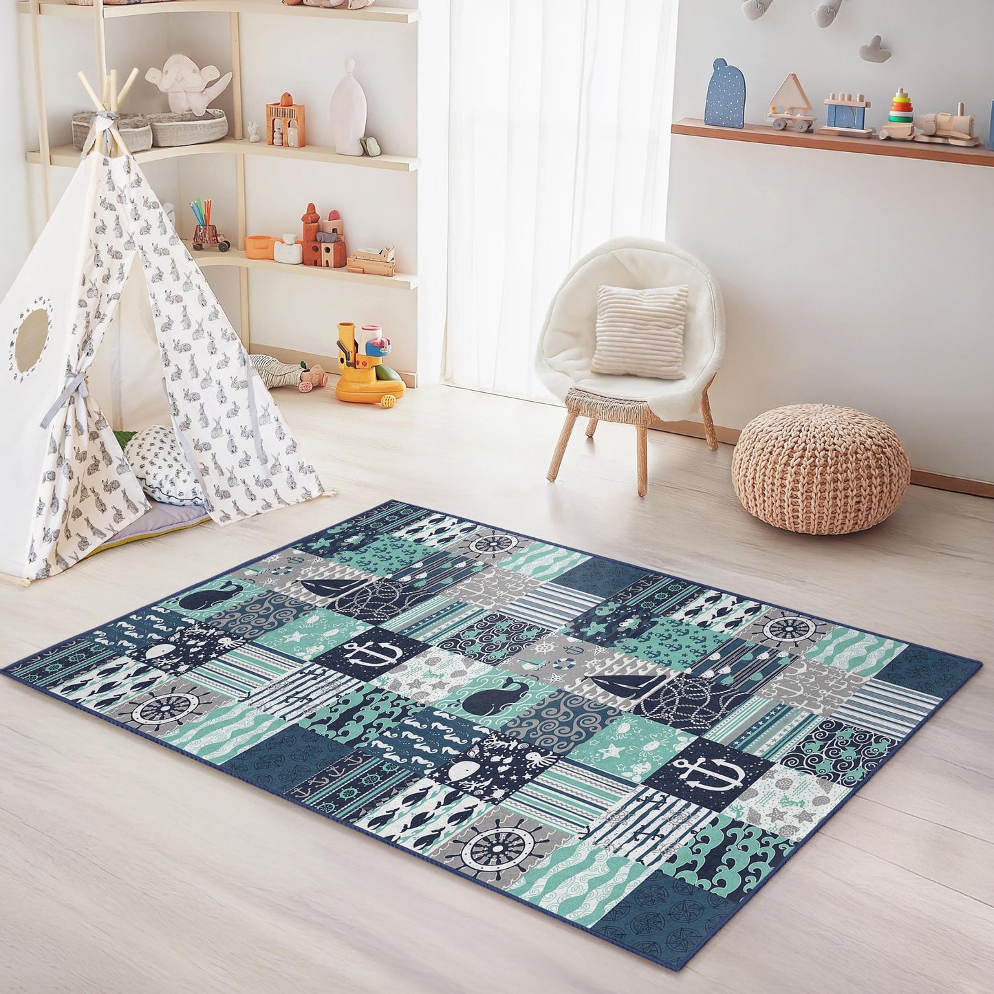 Nautical Themed Rectangle Kids Rug, Ocean Adventure Play Rug, Whale & Sailboat Carpet, Sea Life Nursery Decor