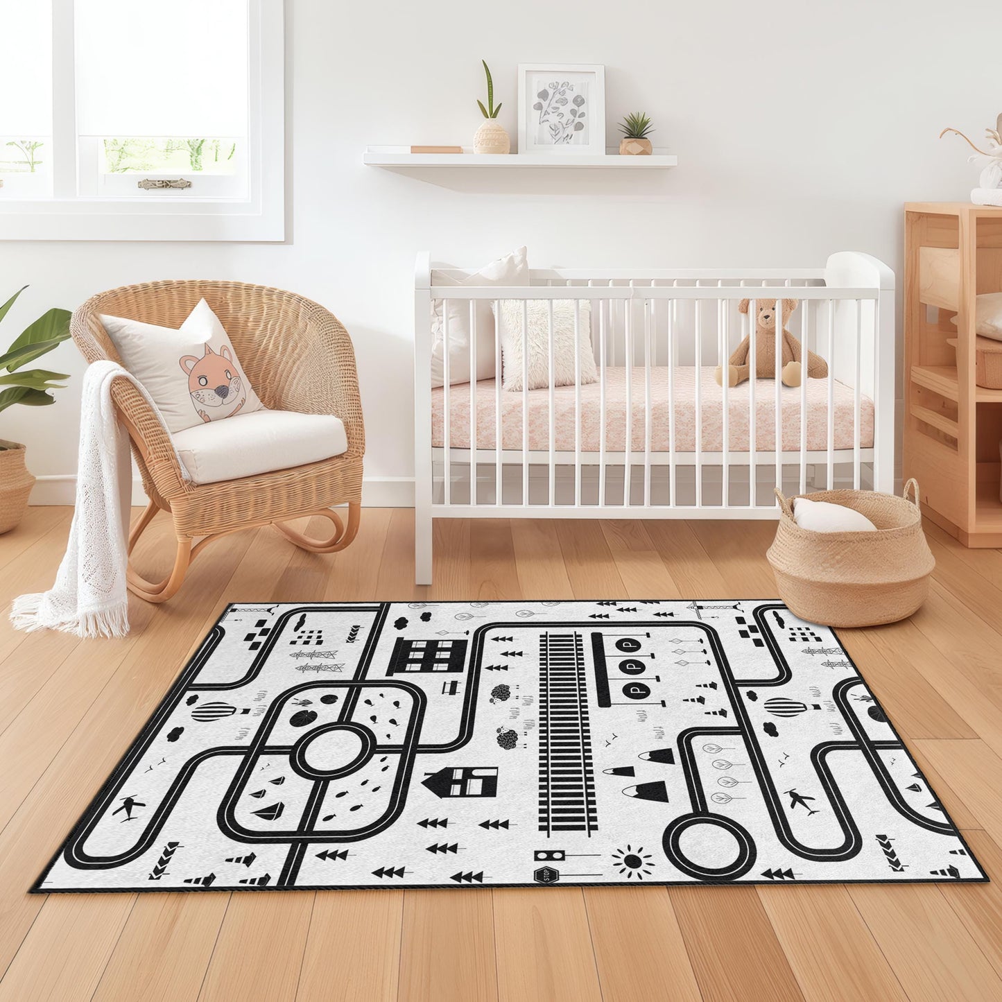 Black and White City Map Kids Play Rug, Rectangle Childrens Carpet, Interactive Play Mat, Nursery Decor, Soft Kids Room Rug