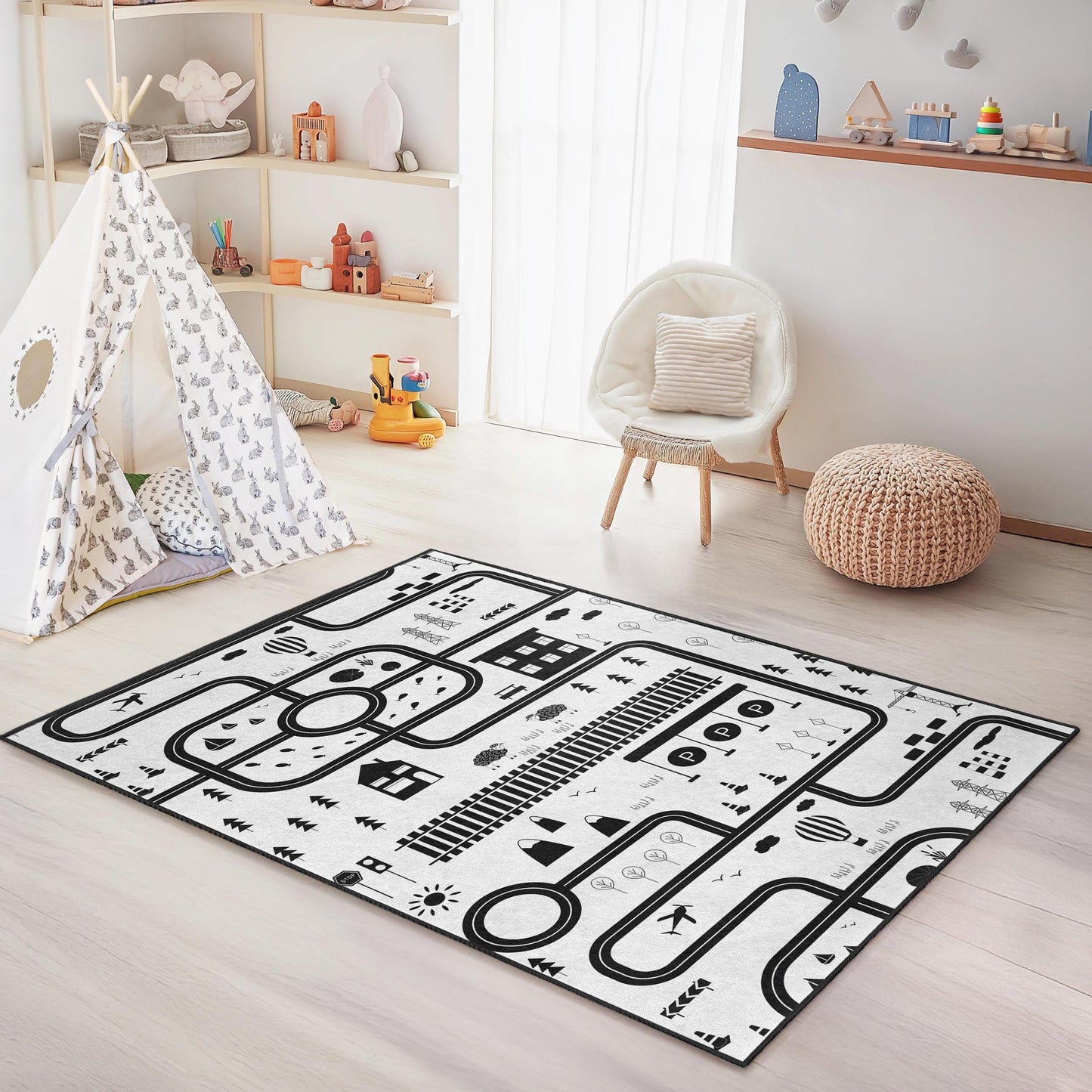 Black and White City Map Kids Play Rug, Rectangle Childrens Carpet, Interactive Play Mat, Nursery Decor, Soft Kids Room Rug