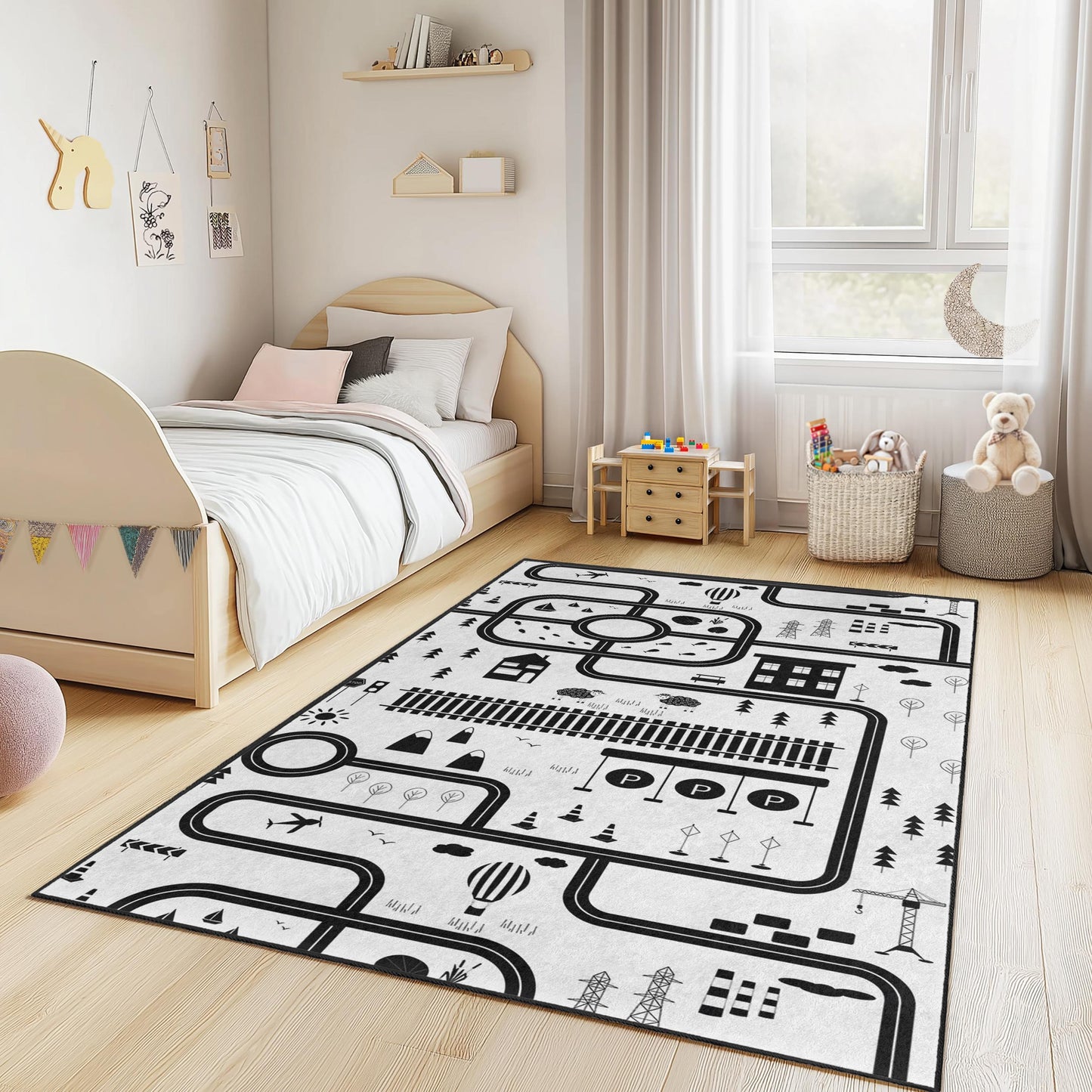 Black and White City Map Kids Play Rug, Rectangle Childrens Carpet, Interactive Play Mat, Nursery Decor, Soft Kids Room Rug