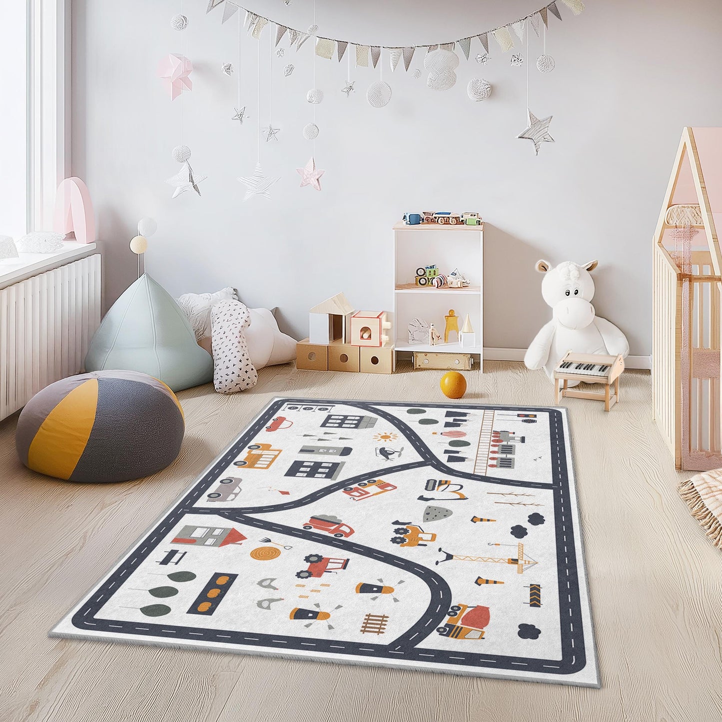 Colorful City Road Play Rug for Kids, Interactive Road Map Carpet, Fun Childrens Play Mat for Nursery, Playroom, and Bedroom