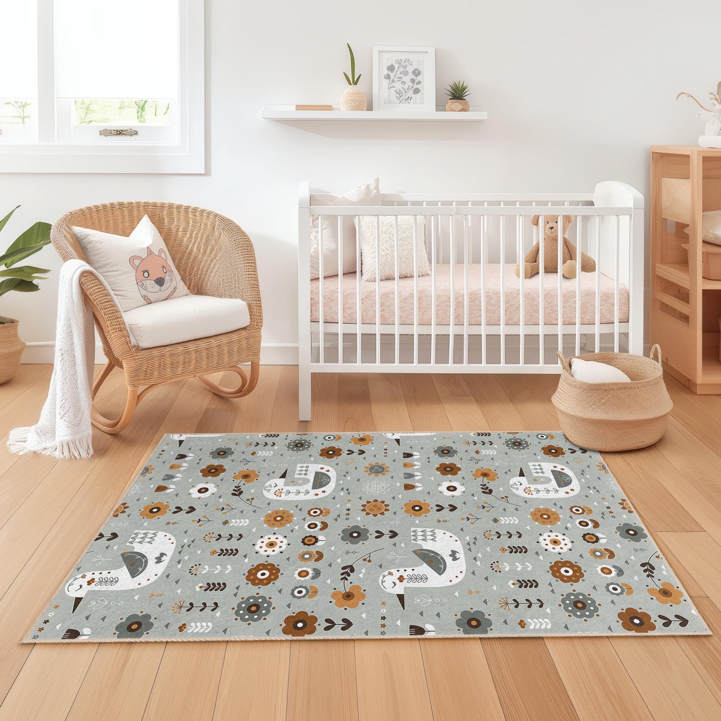 Floral and Bird Pattern Kids Play Rug, Rectangular Nursery Rug, Soft Play Mat for Children's Room, Unique Kids Decor