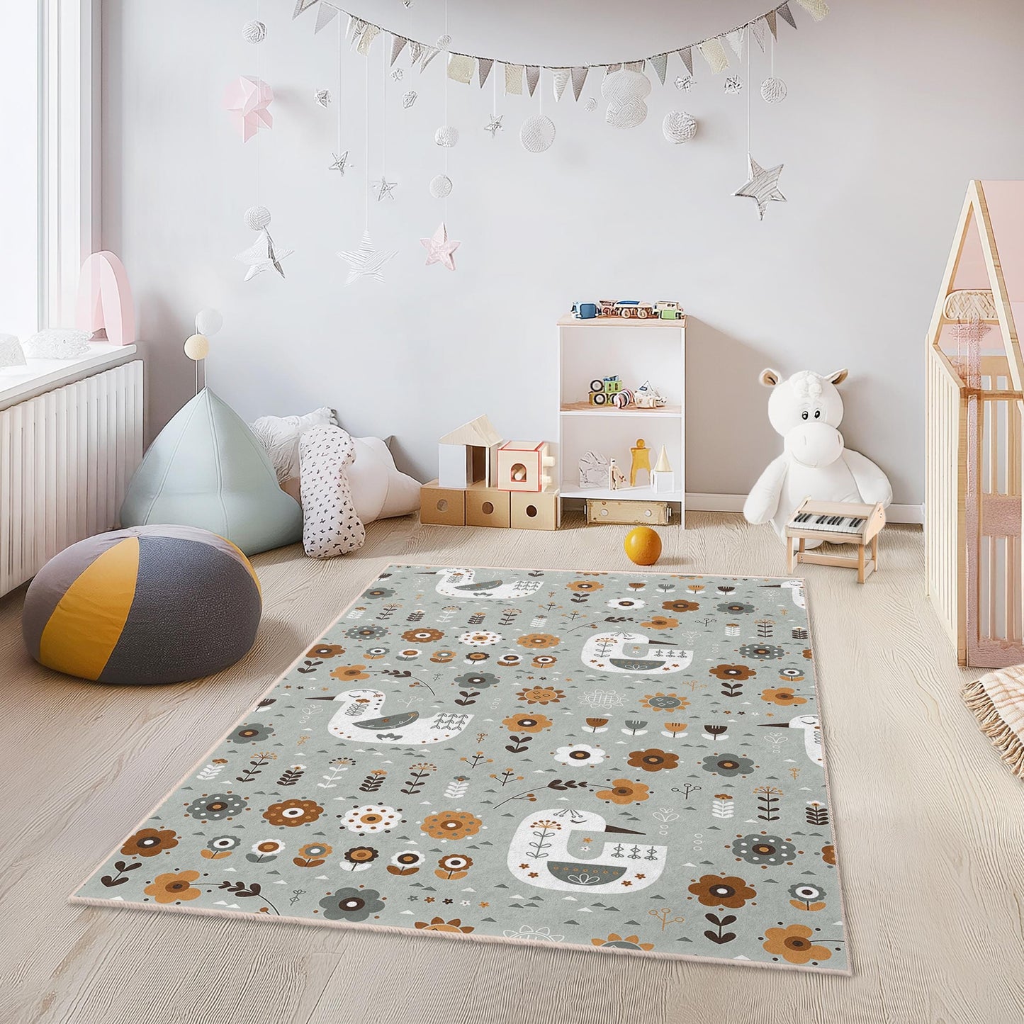 Floral and Bird Pattern Kids Play Rug, Rectangular Nursery Rug, Soft Play Mat for Children's Room, Unique Kids Decor