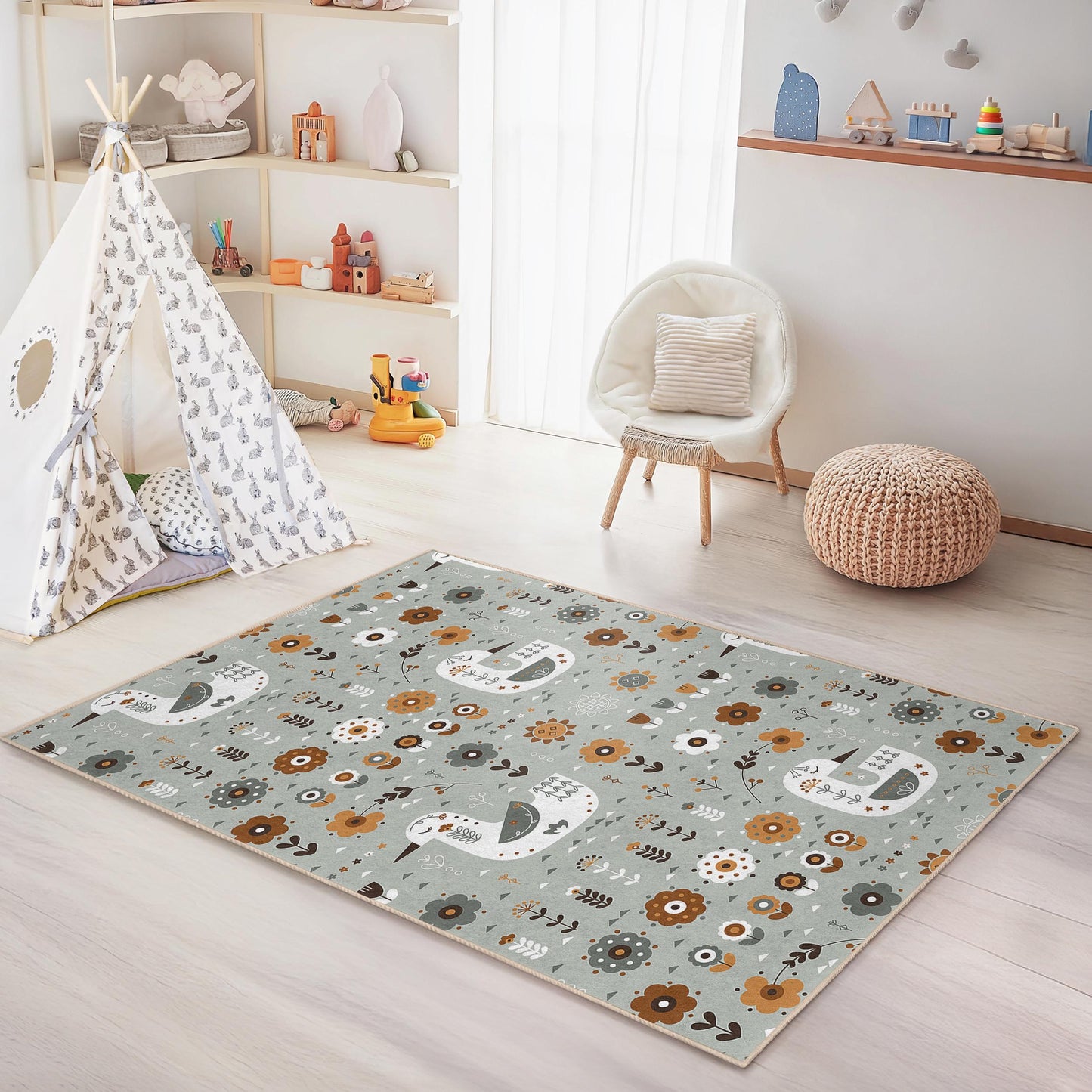 Floral and Bird Pattern Kids Play Rug, Rectangular Nursery Rug, Soft Play Mat for Children's Room, Unique Kids Decor