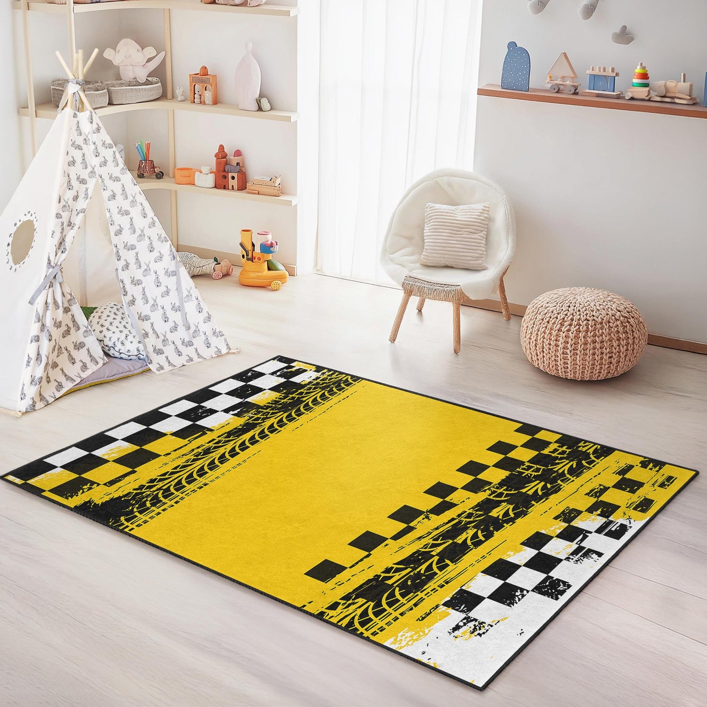 Race Track Inspired Kids Rug, Yellow and Black Checkered Play Mat, Rectangular Carpet for Children's Room, Fun Racing Theme Decor