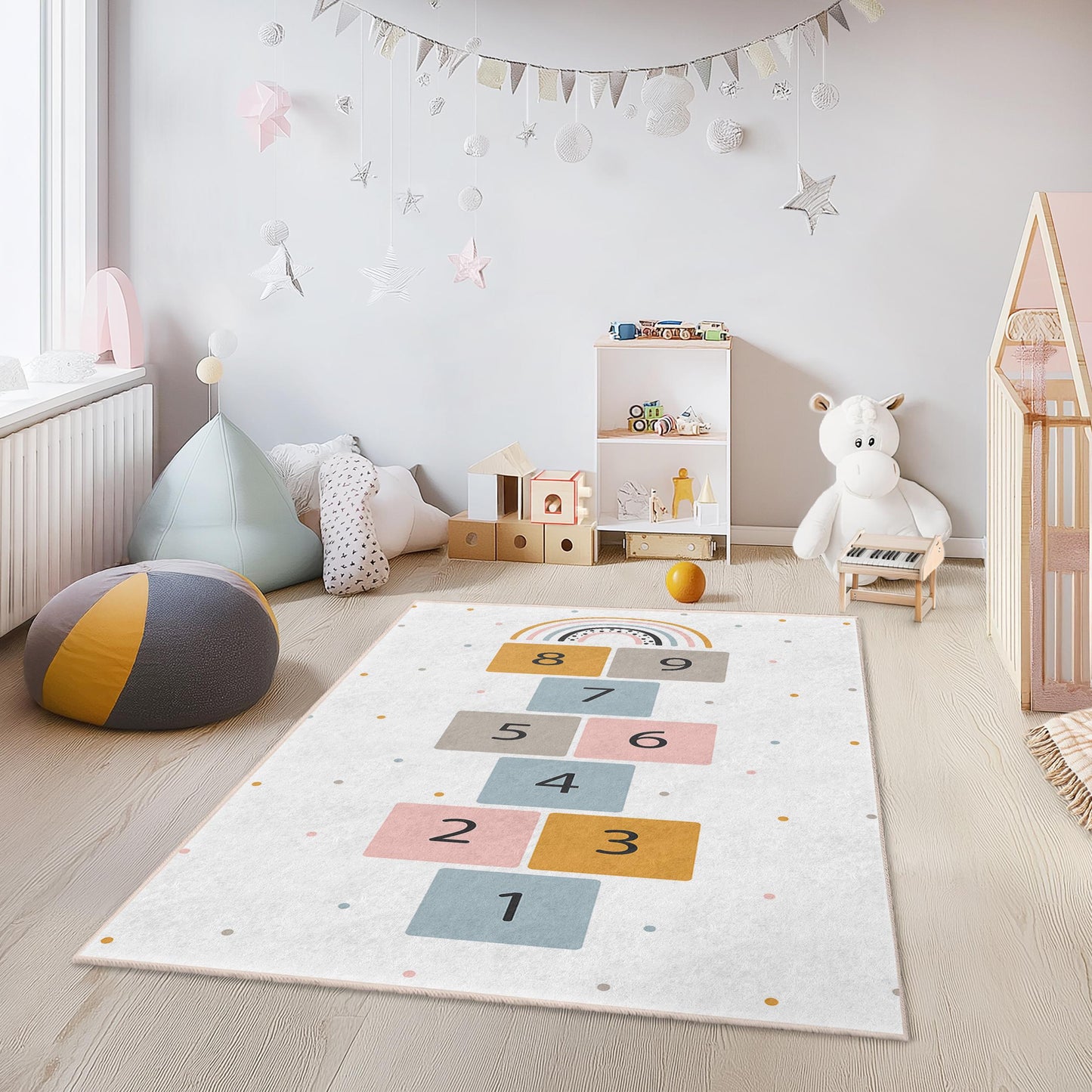Hopscotch Rainbow Kids Play Rug, Rectangle Children Rug, Fun Playroom Carpet, Soft Nursery Mat, Colorful Kids Decor