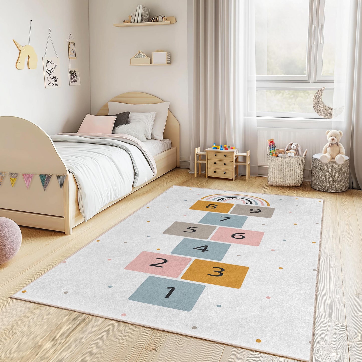 Hopscotch Rainbow Kids Play Rug, Rectangle Children Rug, Fun Playroom Carpet, Soft Nursery Mat, Colorful Kids Decor