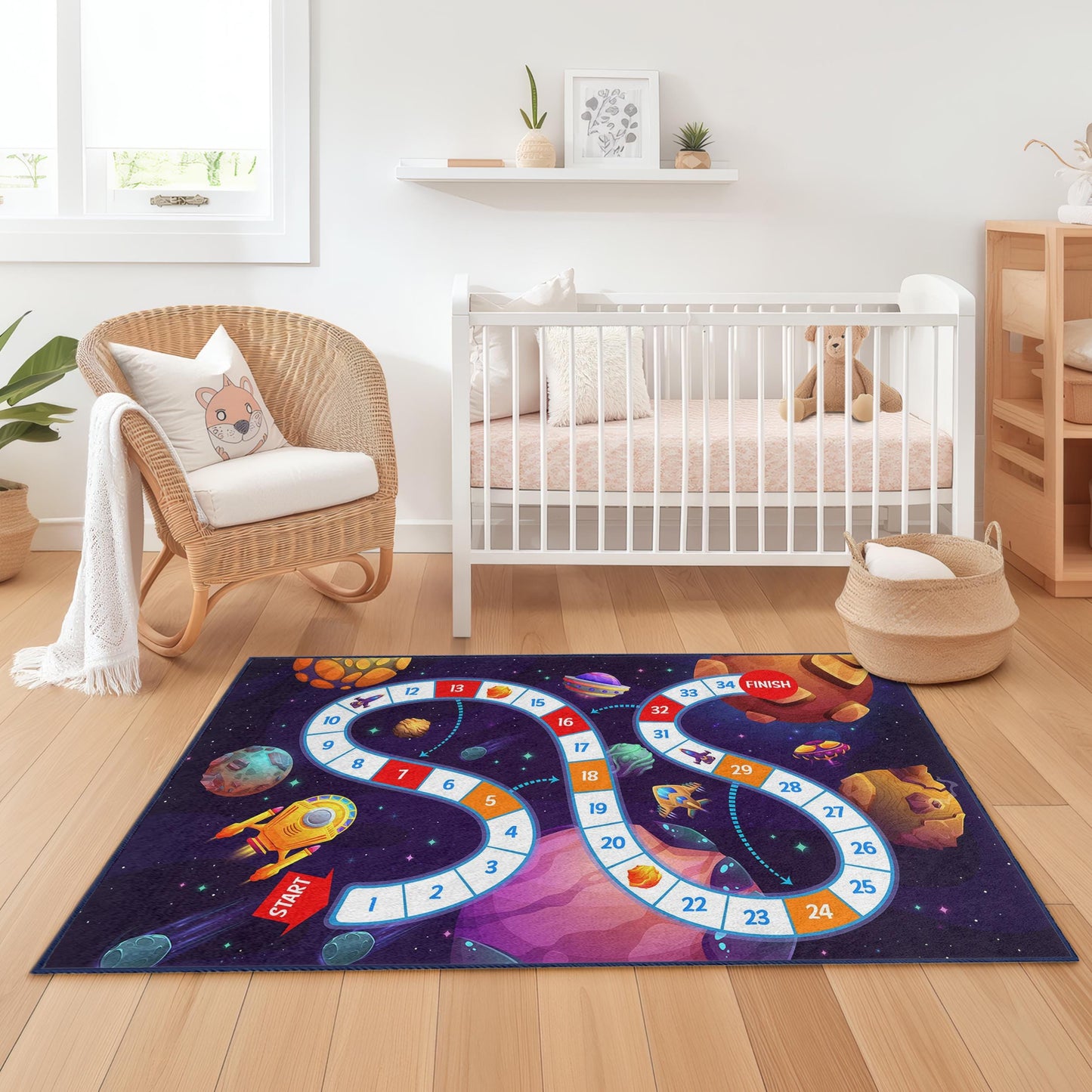 Outer Space Adventure Kids Play Rug, Space Themed Rectangle Rug, Playroom Carpet for Children, Cosmic Game Mat, Nursery Decor