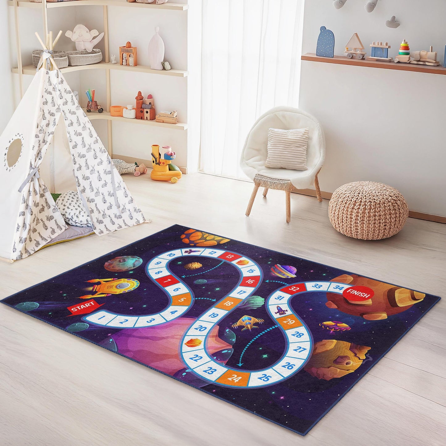 Outer Space Adventure Kids Play Rug, Space Themed Rectangle Rug, Playroom Carpet for Children, Cosmic Game Mat, Nursery Decor
