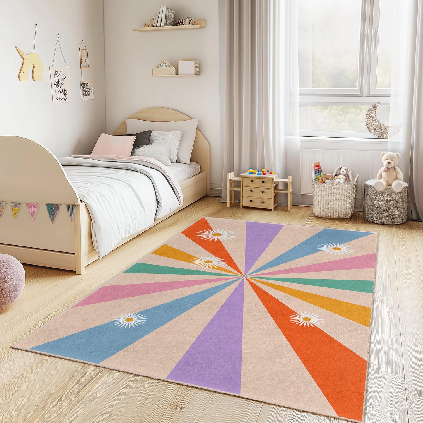 Colorful Sunburst Pattern Kids Area Rug, Rectangular Playroom Carpet, Flower Design Nursery Rug, Modern Kids Room Decor