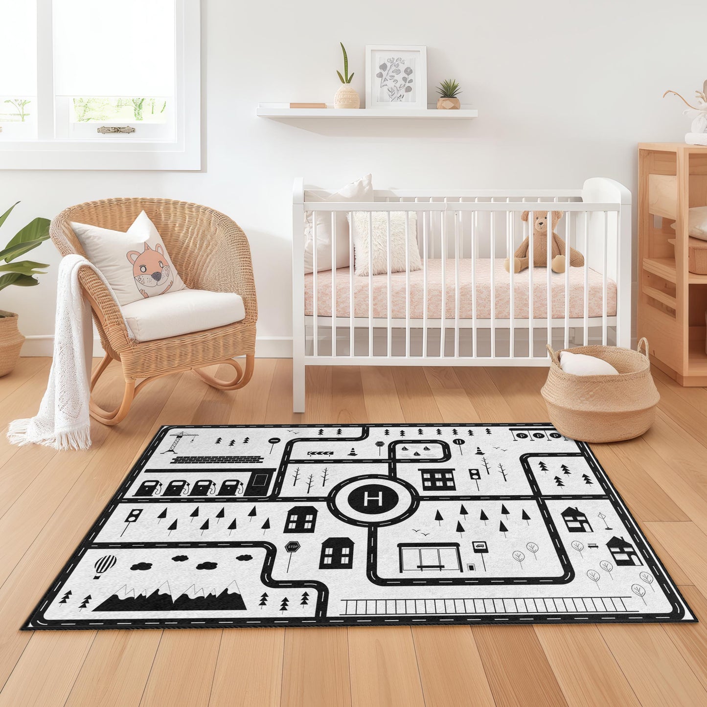 City Map Play Rug for Kids, Interactive Black and White Kids Carpet, Rectangle Play Mat, Nursery Decor, Educational Rug for Children