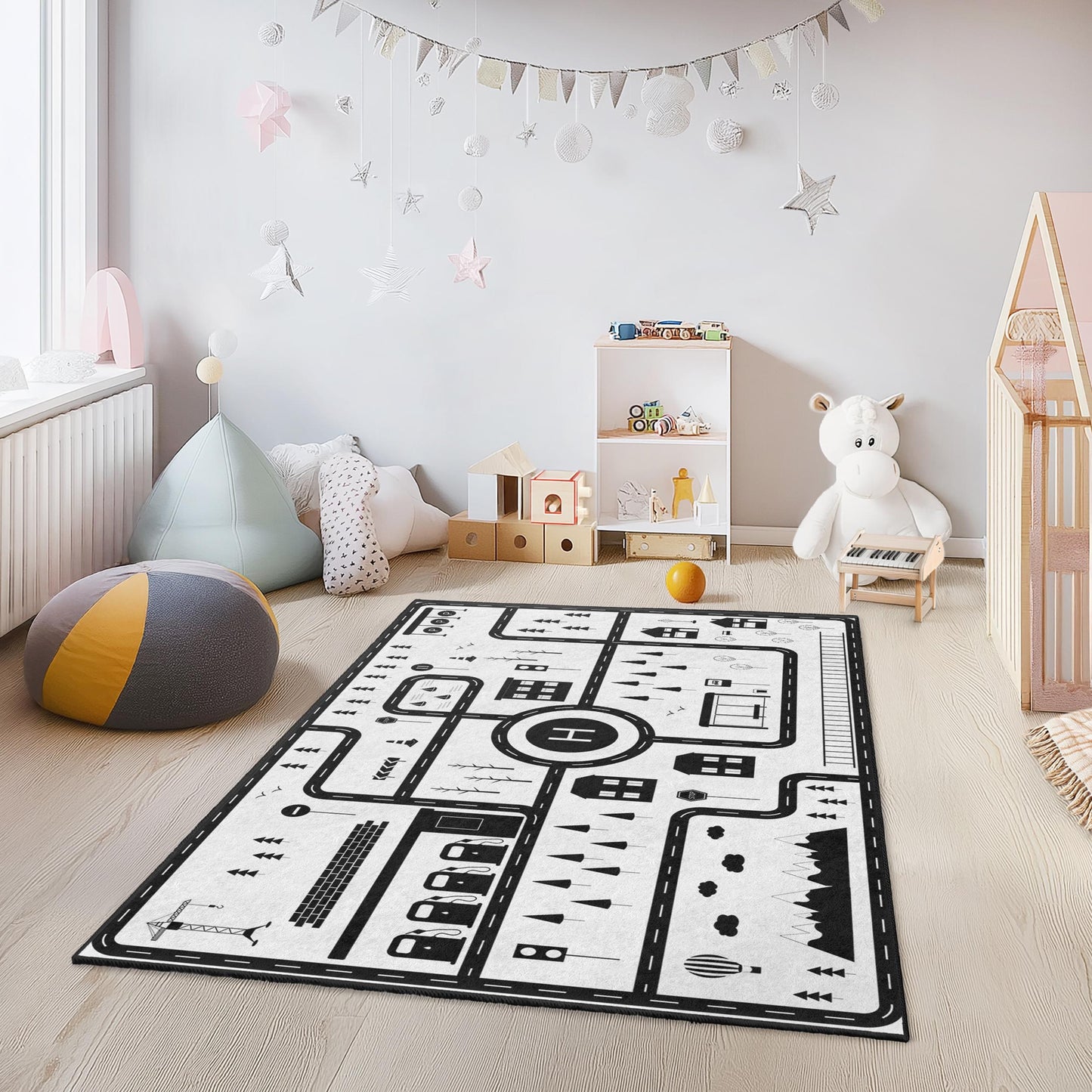 City Map Play Rug for Kids, Interactive Black and White Kids Carpet, Rectangle Play Mat, Nursery Decor, Educational Rug for Children