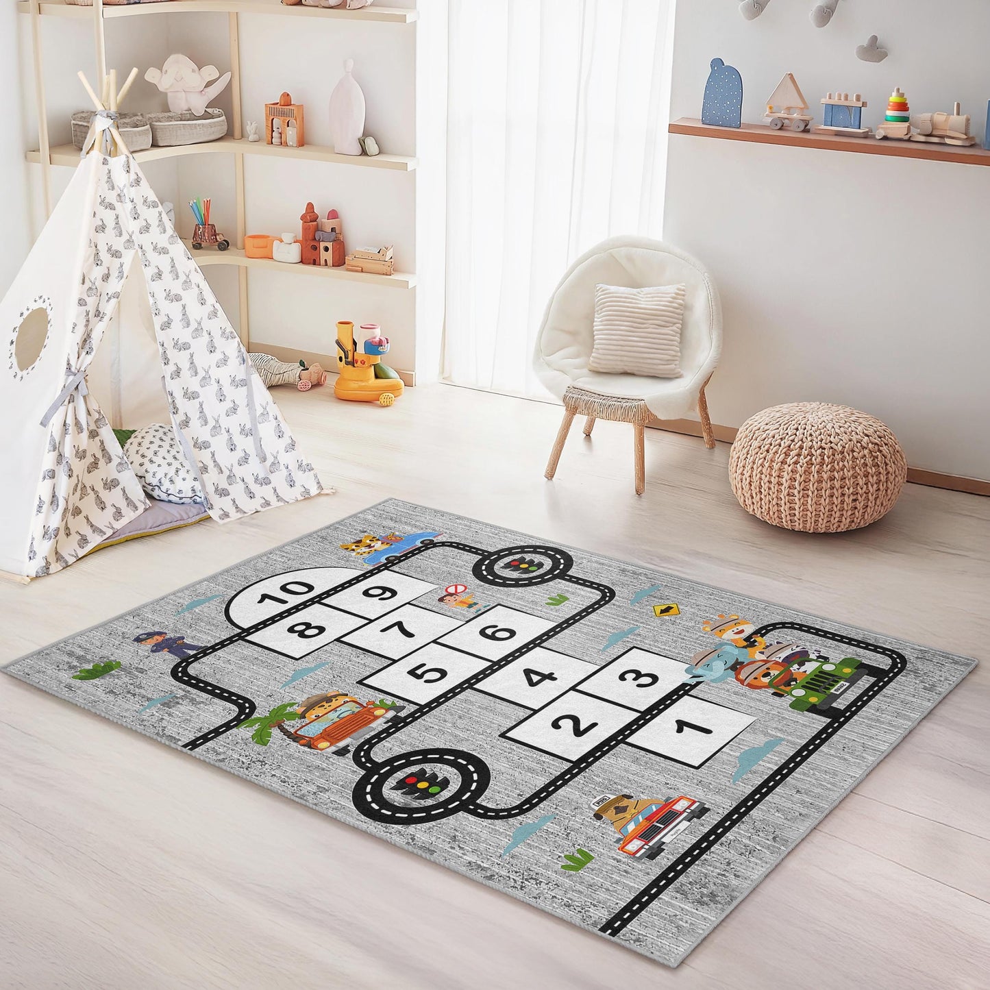 Road Map Kids Rug: Hopscotch Play Mat, Educational Playroom Decor