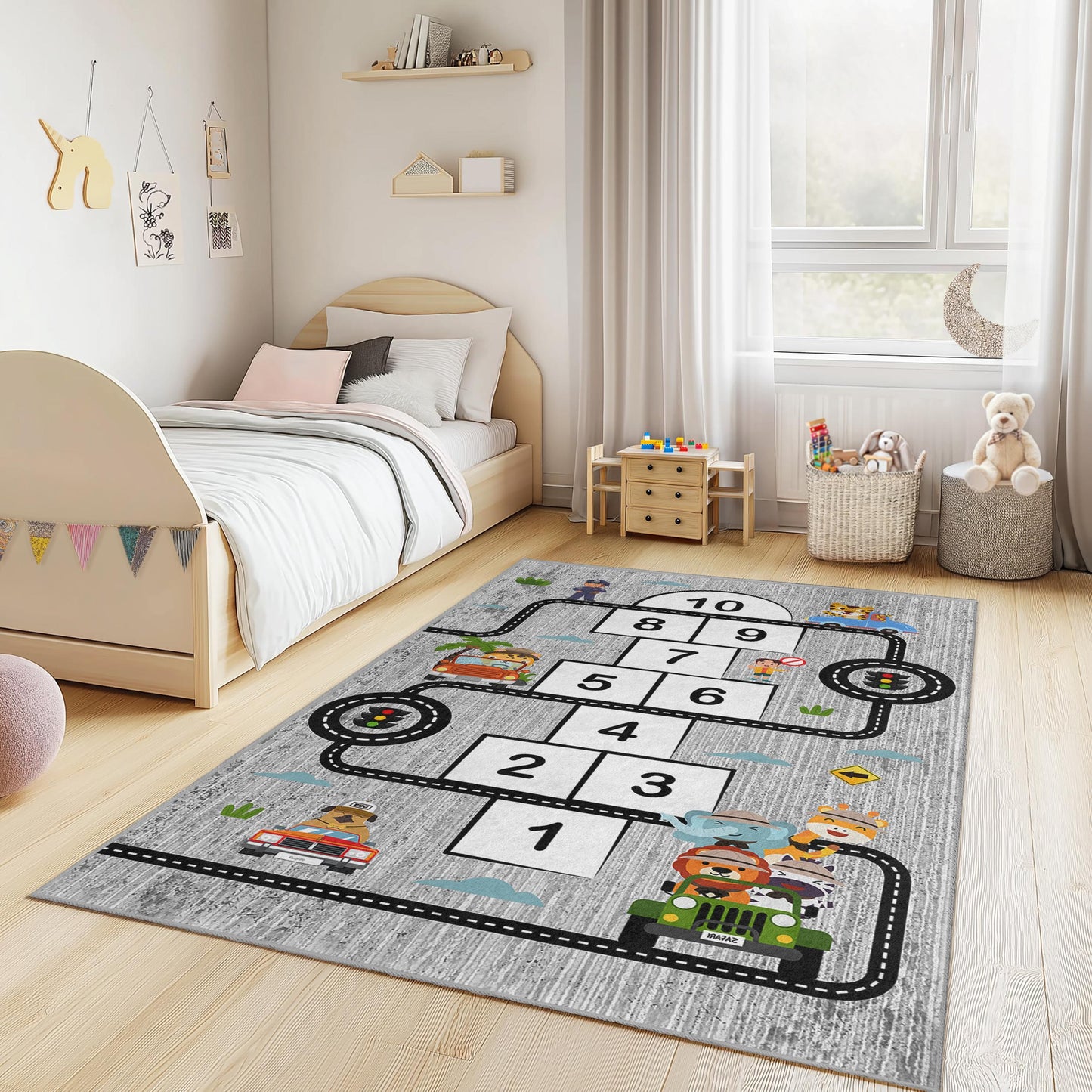 Road Map Kids Rug: Hopscotch Play Mat, Educational Playroom Decor