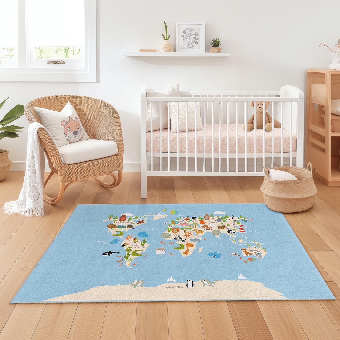 World Map Kids Play Rug, Interactive Animal Learning Carpet, Rectangular Playroom Decor, Educational Kids Area Rug