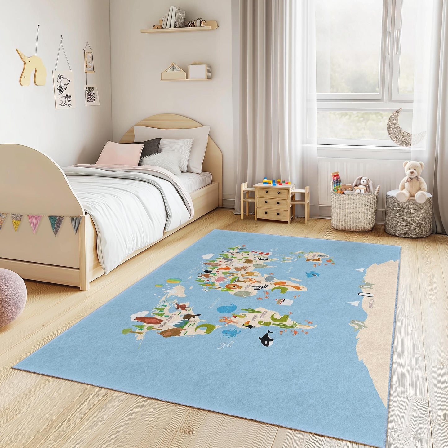 World Map Kids Play Rug, Interactive Animal Learning Carpet, Rectangular Playroom Decor, Educational Kids Area Rug
