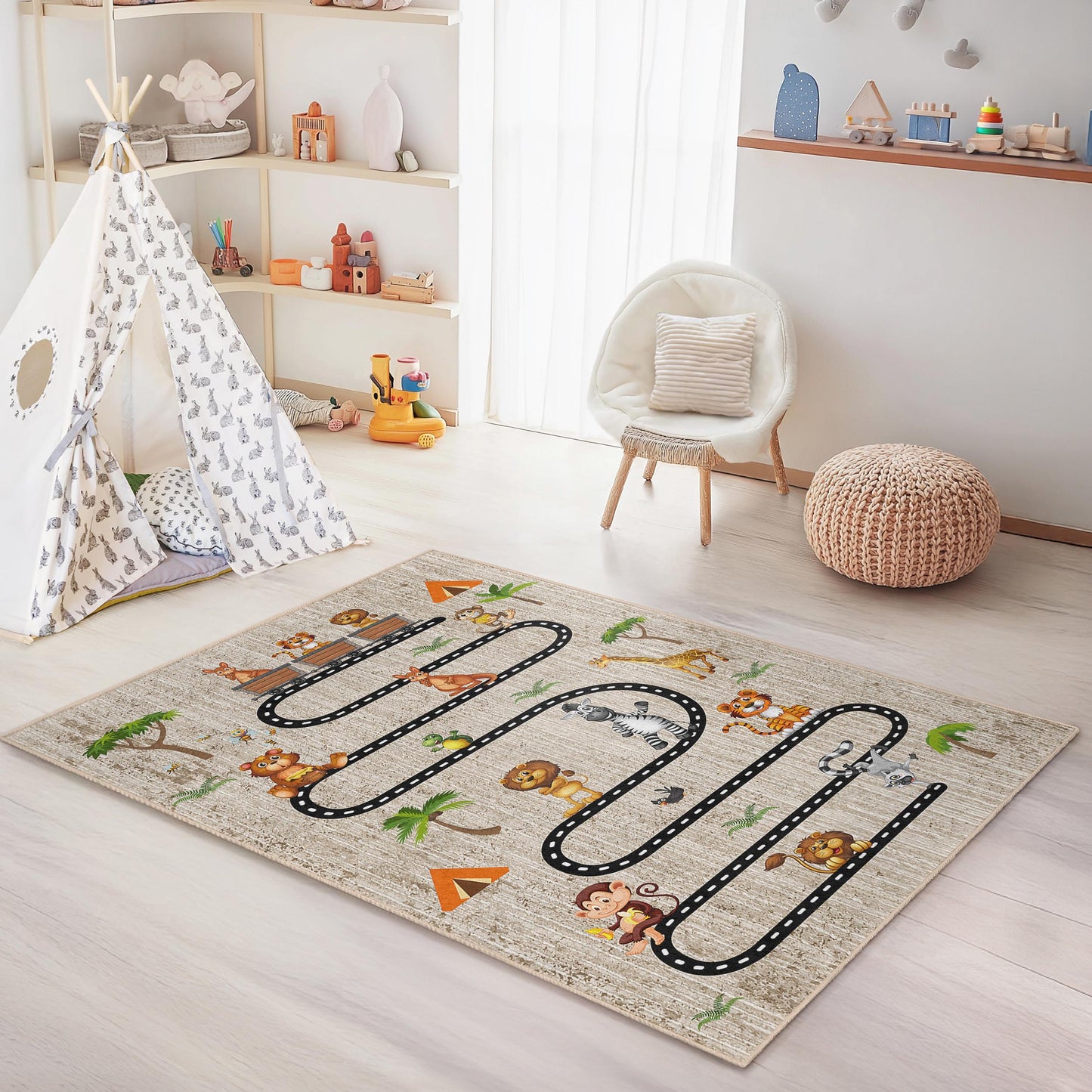 Safari Adventure Kids Play Rug, Jungle Theme Kids Carpet, Animal Road Map Rug, Soft Rectangle Rug for Children's Room
