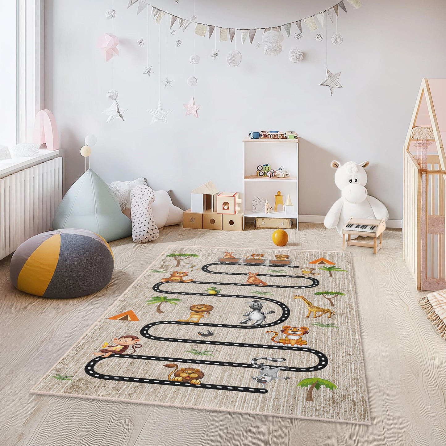 Safari Adventure Kids Play Rug, Jungle Theme Kids Carpet, Animal Road Map Rug, Soft Rectangle Rug for Children's Room